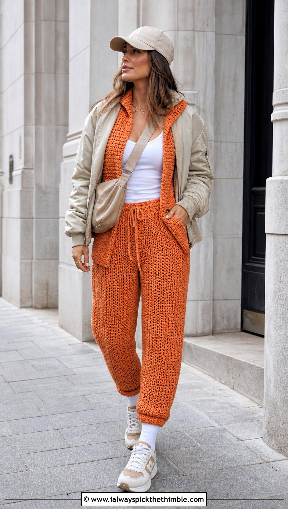 Crochet Hooded Top And Jogger Pants Set With Sneakers - 20 crochet pants set outfit ideas