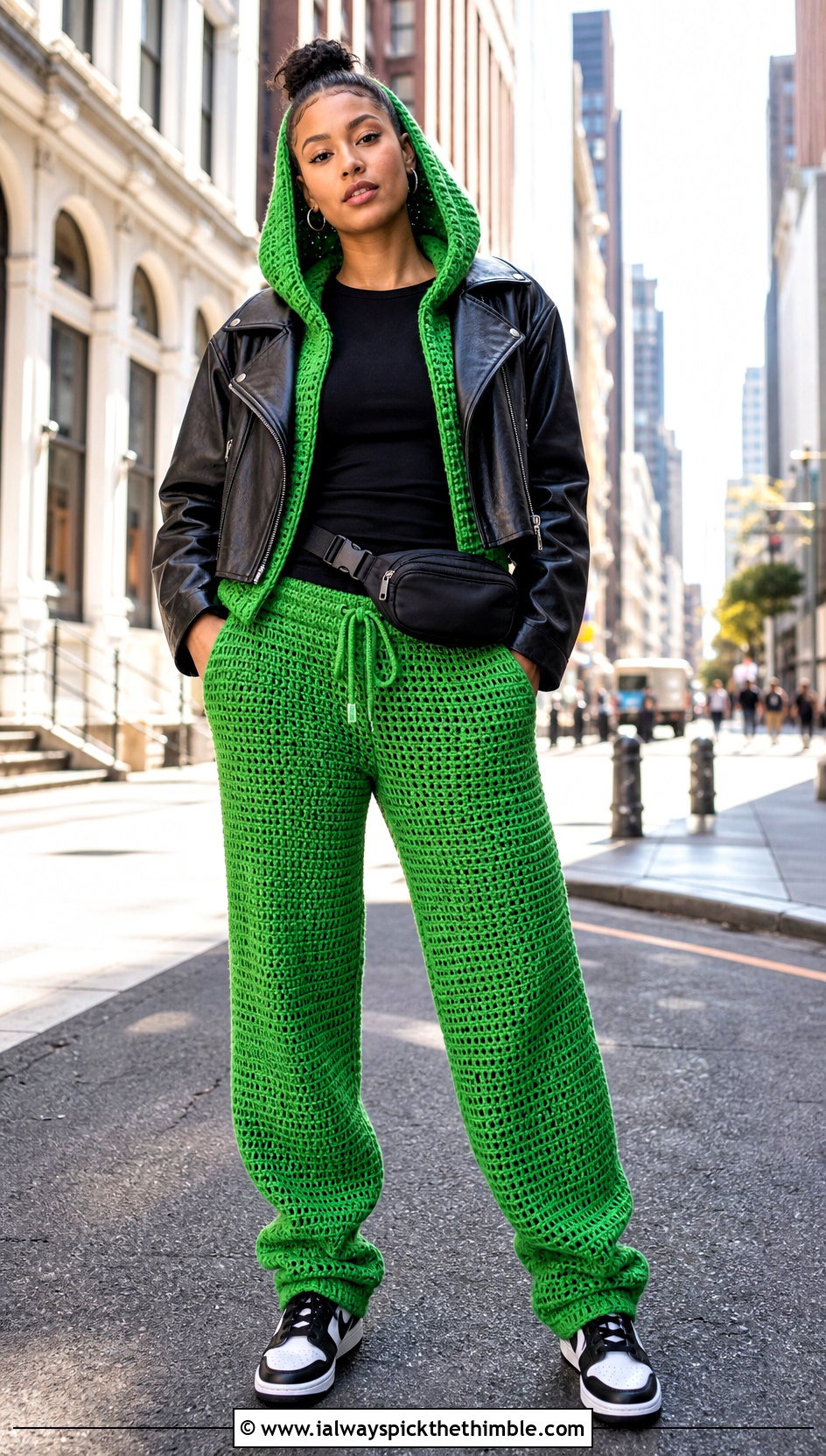 Crochet Hooded Top And Jogger Set With Leather Jacket - 25 crochet two piece outfit ideas
