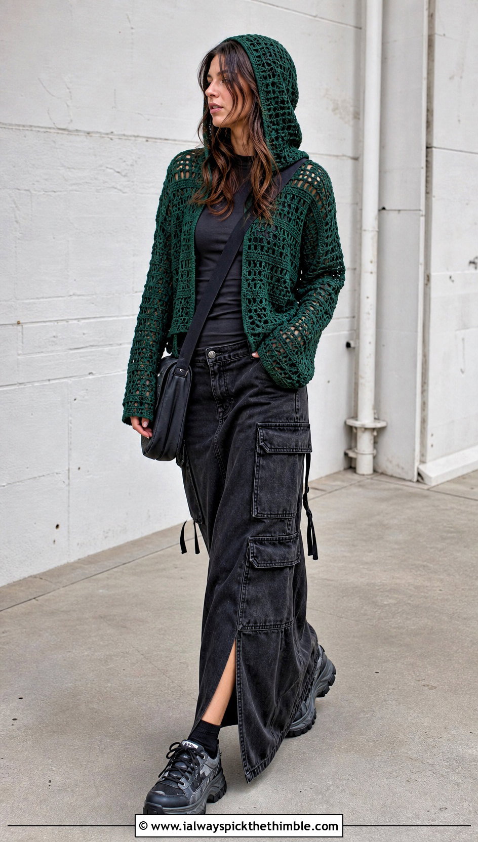 Crochet Hoodie With Cargo Maxi Skirt - 25 Crochet Grunge Clothes and outfit ideas