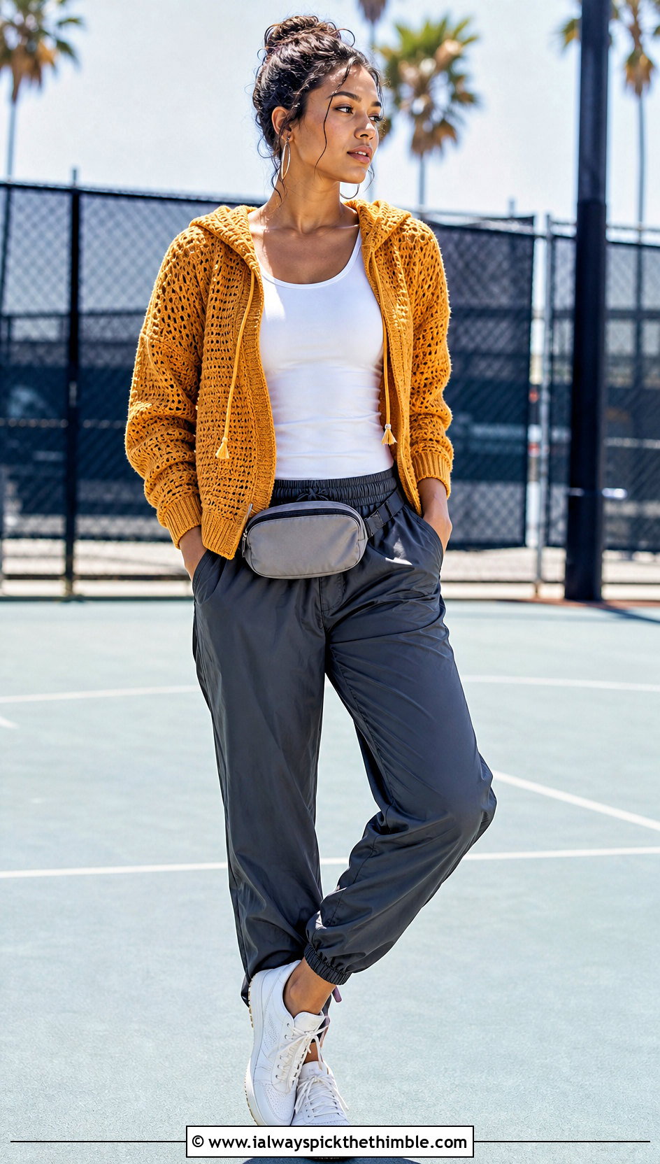 Crochet Hoodie With Nylon Track Pants - 15 Crochet Photo Shoot Outfits ideas