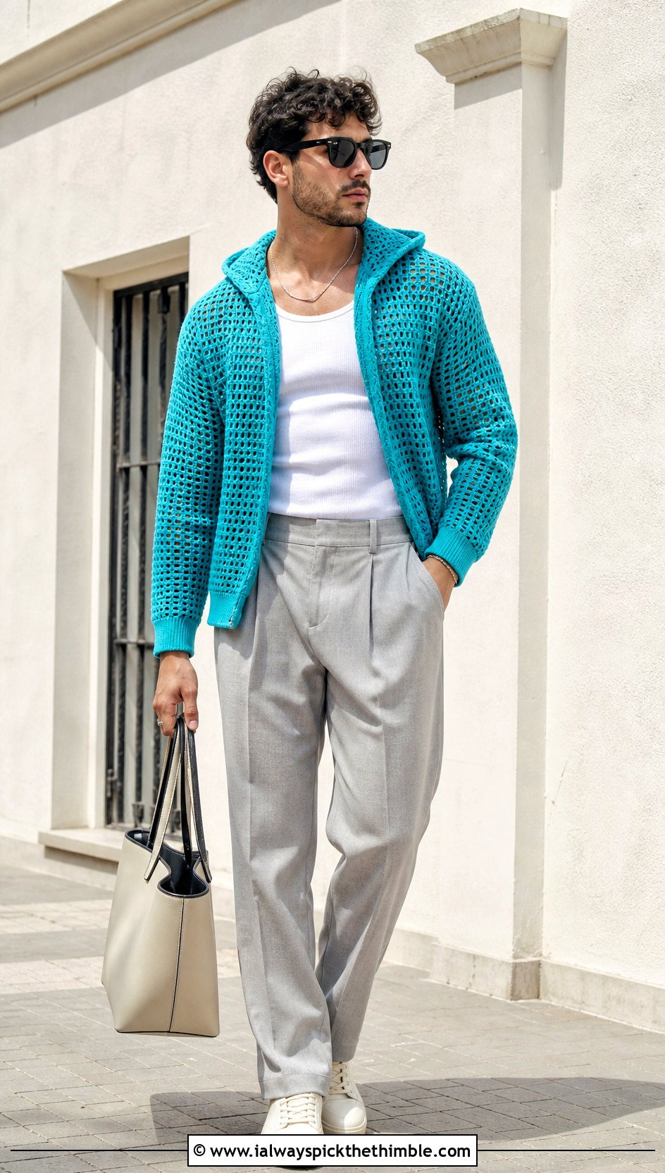 Crochet Hoodie With Pleated Trousers - 15 men's crochet top outfit ideas