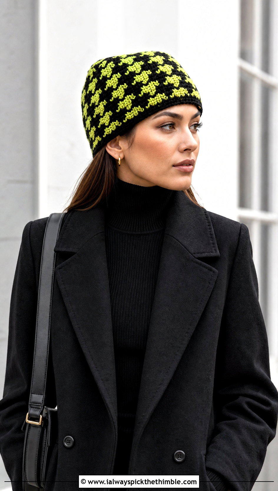 Crochet Houndstooth Hat With Monochrome Coat Outfit - 15 Crochet Crowd Hat outfit ideas