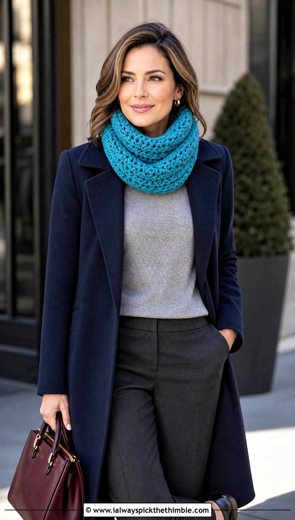 Crochet Infinity Cowl With Wool Coat And Loafers - 20 Simple Crochet Cowl outfit ideas