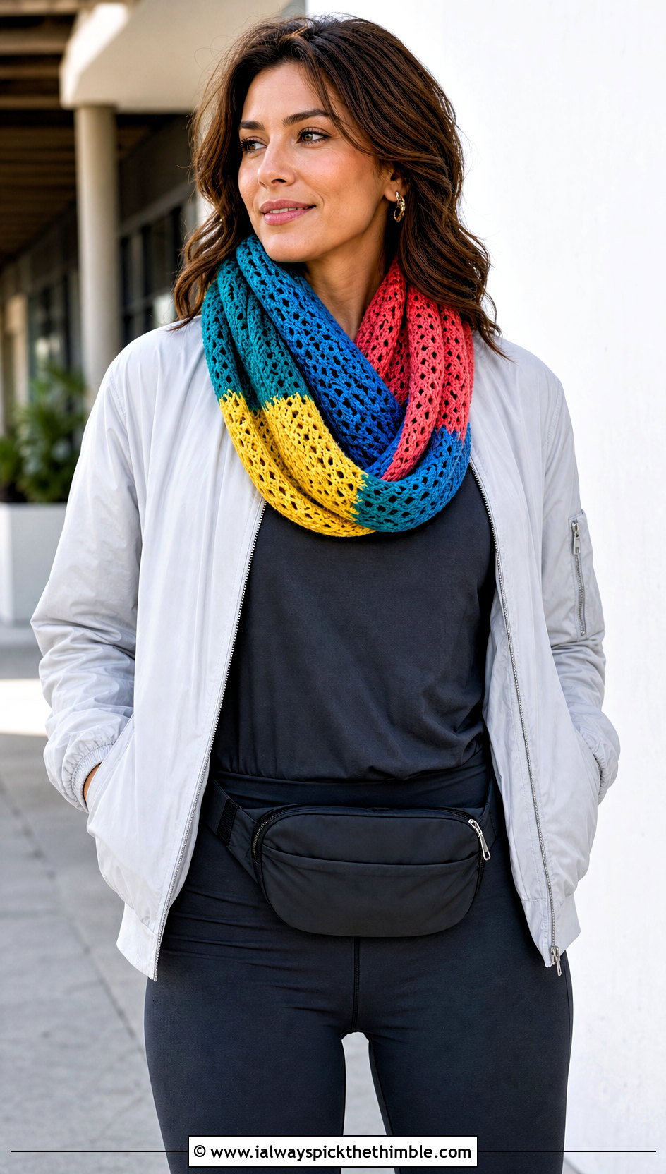 Crochet Infinity Mood Scarf With Athleisure Set - 15 Crochet Mood Scarf outfit ideas