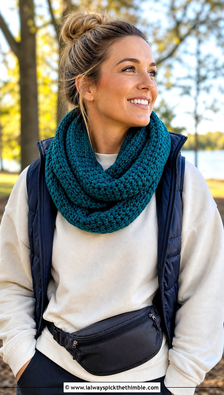 Crochet Infinity Scarf With Puffer Vest - 20 Crochet For Beginners Scarf outfit ideas