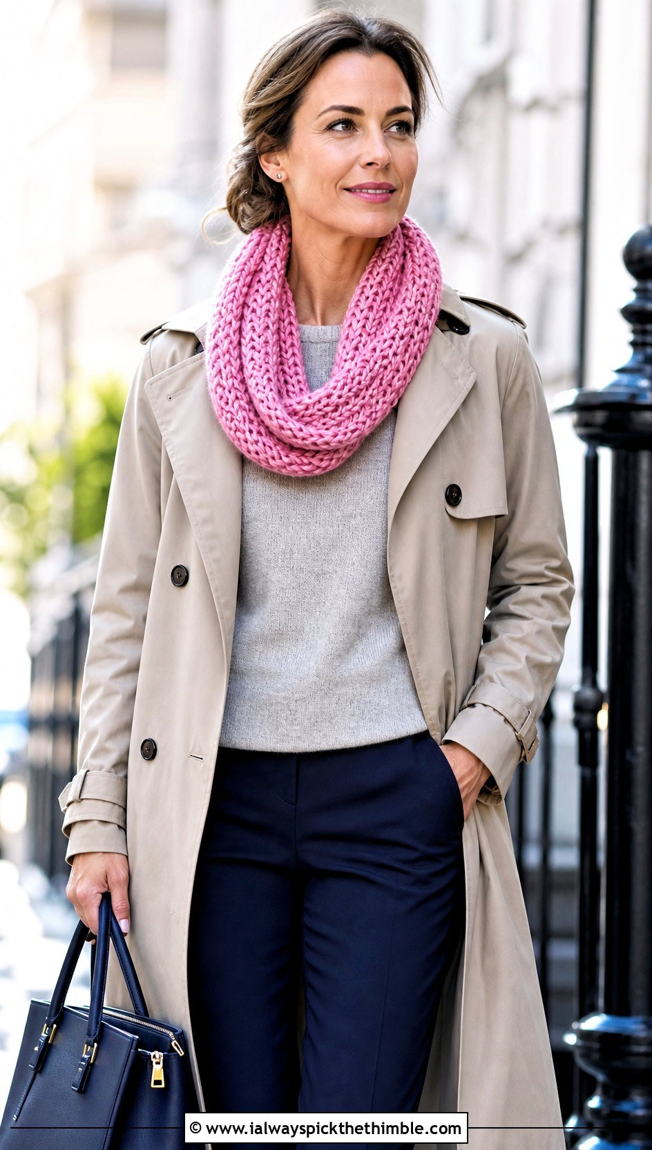 Crochet Infinity Scarf With Trench Coat - 20 Crochet Fun Scarf outfit ideas