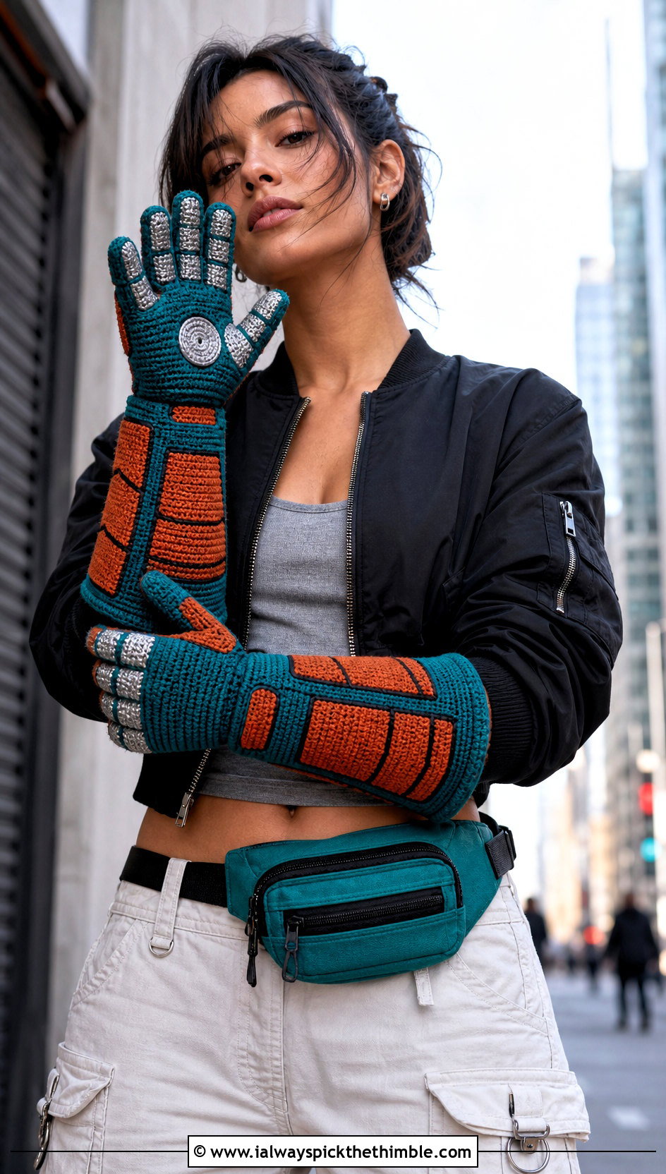 Crochet Iron Man Color Block Gauntlets With Bomber Jacket - 20 Crochet Iron Man Gloves outfit ideas