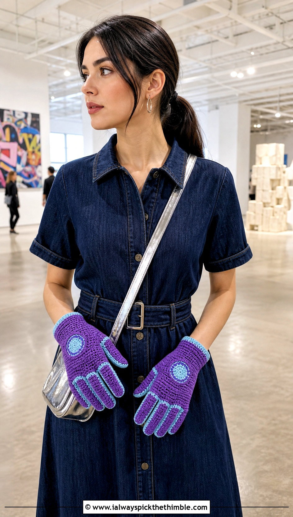 Crochet Iron Man Full Finger Gloves With Denim Dress - 20 Crochet Iron Man Gloves outfit ideas