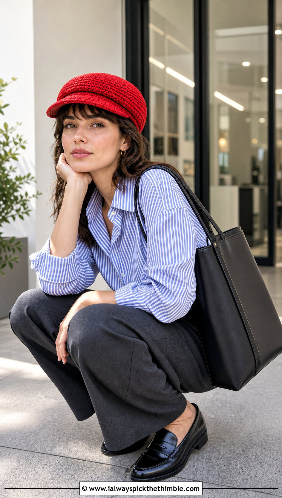 Crochet Ivy Cap With Button Down Shirt And Pleated Pants - 20 flat crochet hat outfit ideas