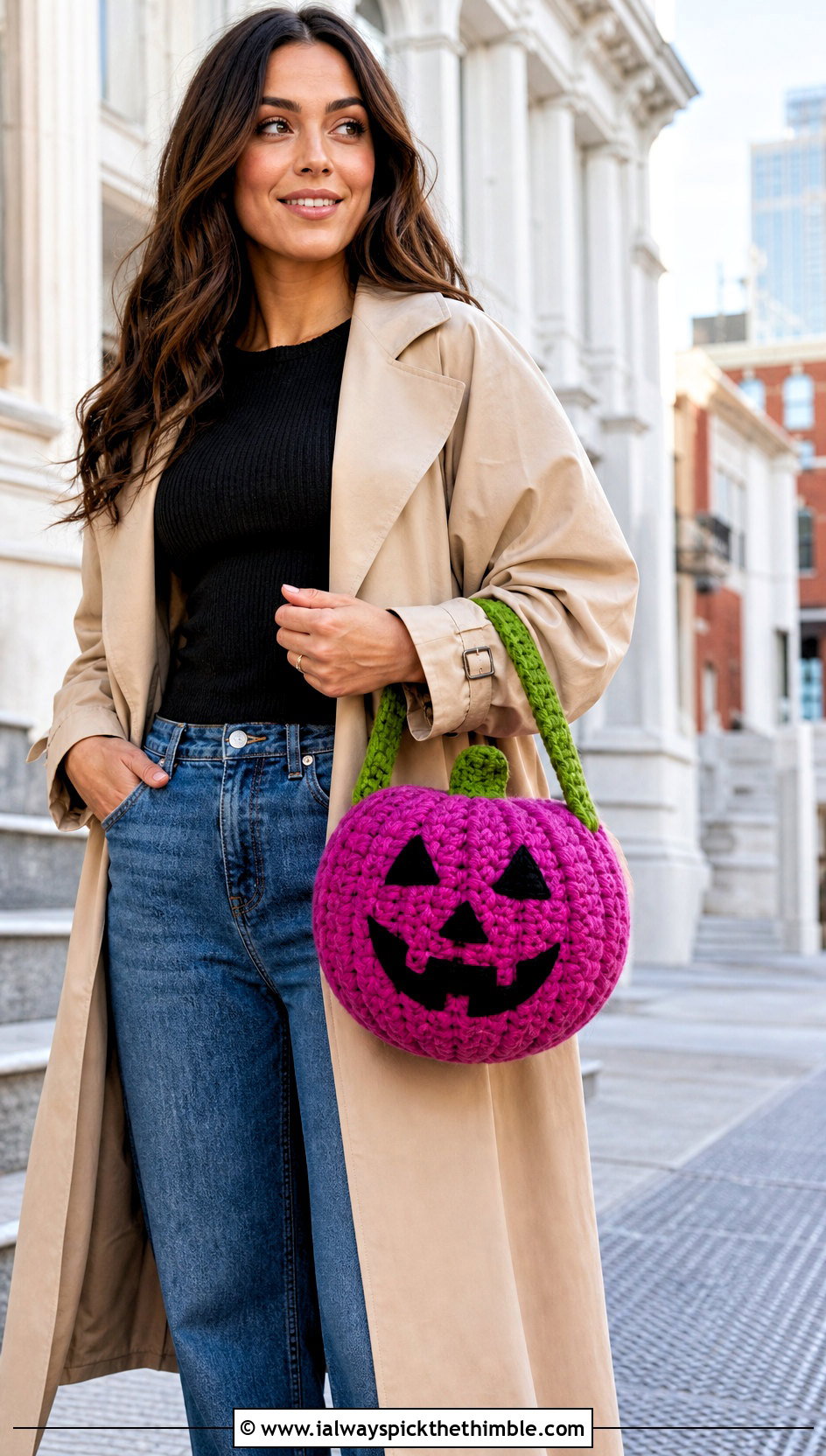 Crochet Jack O Lantern Bag With Trench Coat - 20 crochet halloween outfit ideas