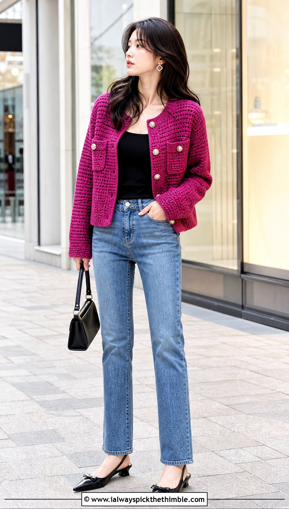 Crochet Jacket With Tank Top And Straight Jeans - 20 K Pop Crochet Clothes and outfit ideas