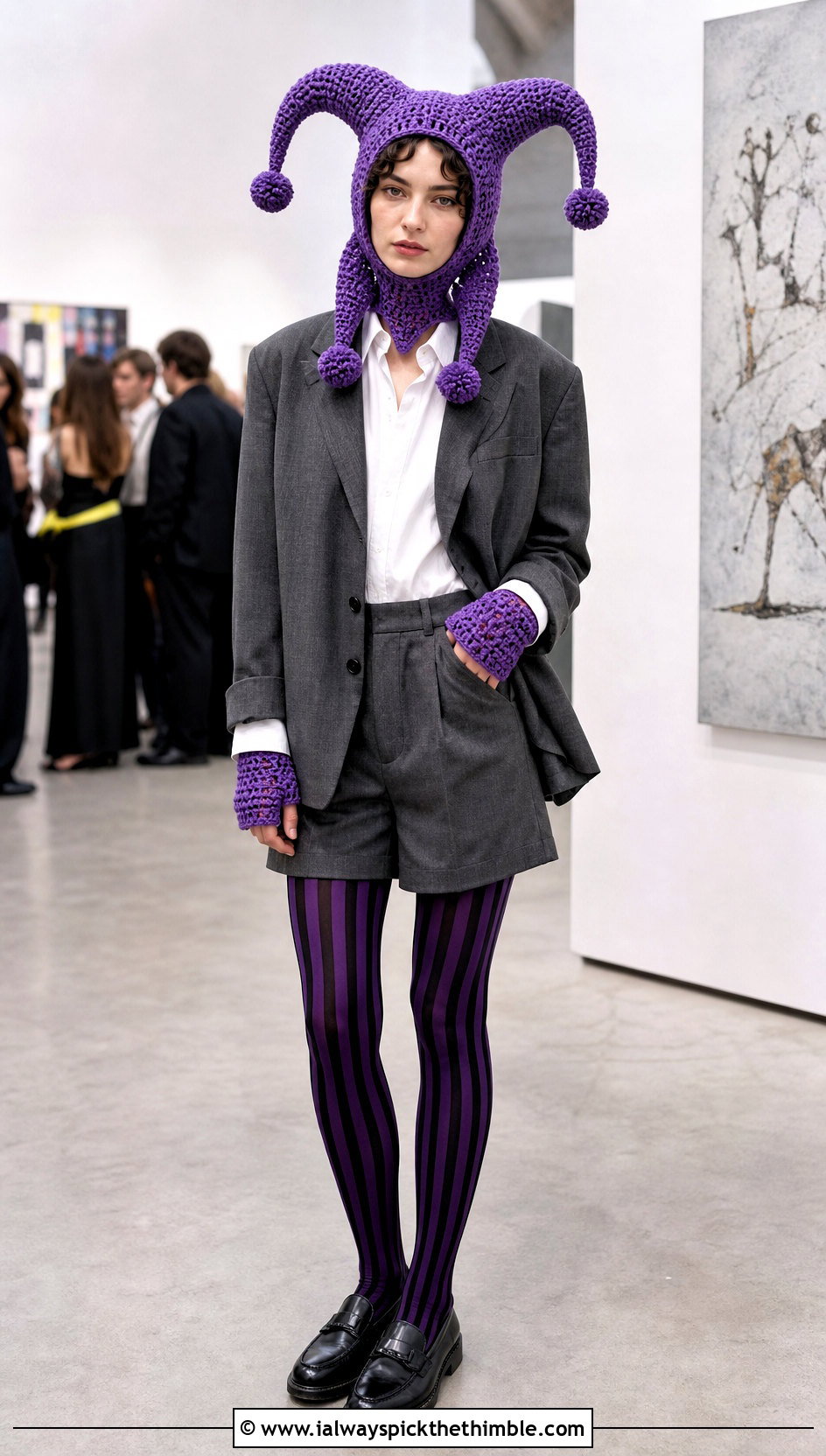Crochet Jester Hood With Oversized Blazer And Shorts - 25 crochet clown costume outfit ideas