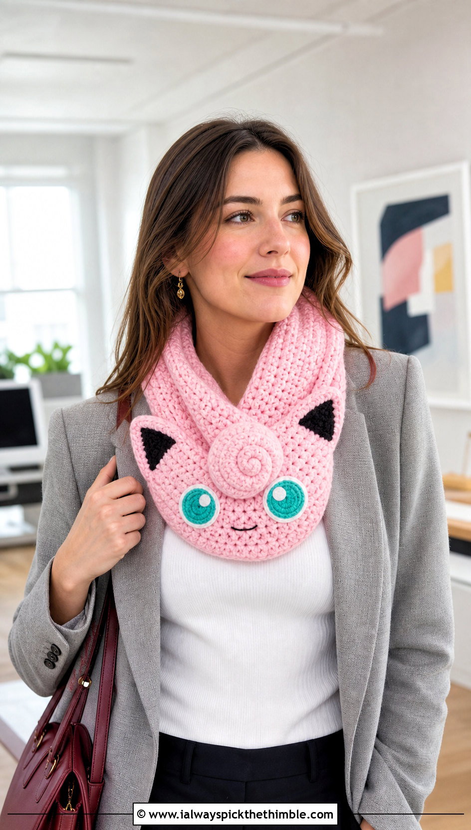 Crochet Jigglypuff Infinity Scarf With Pink Blazer - 20 Crochet Pokemon Scarf outfit ideas