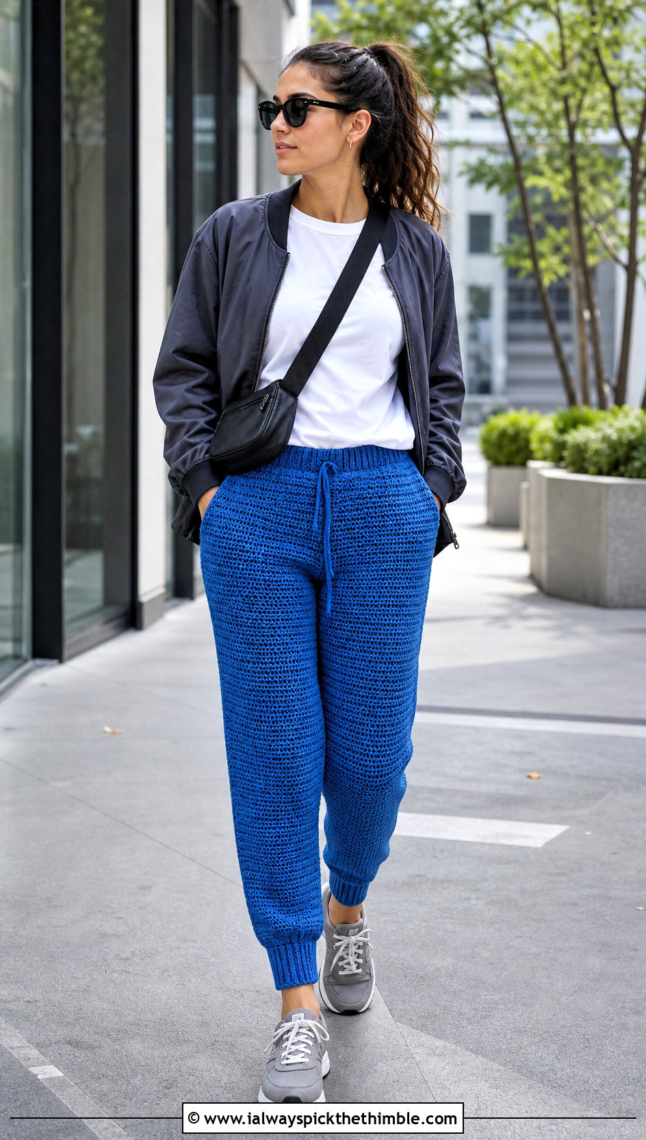 Crochet Jogger Pants With Bomber Jacket - 20 crochet pants women outfit ideas