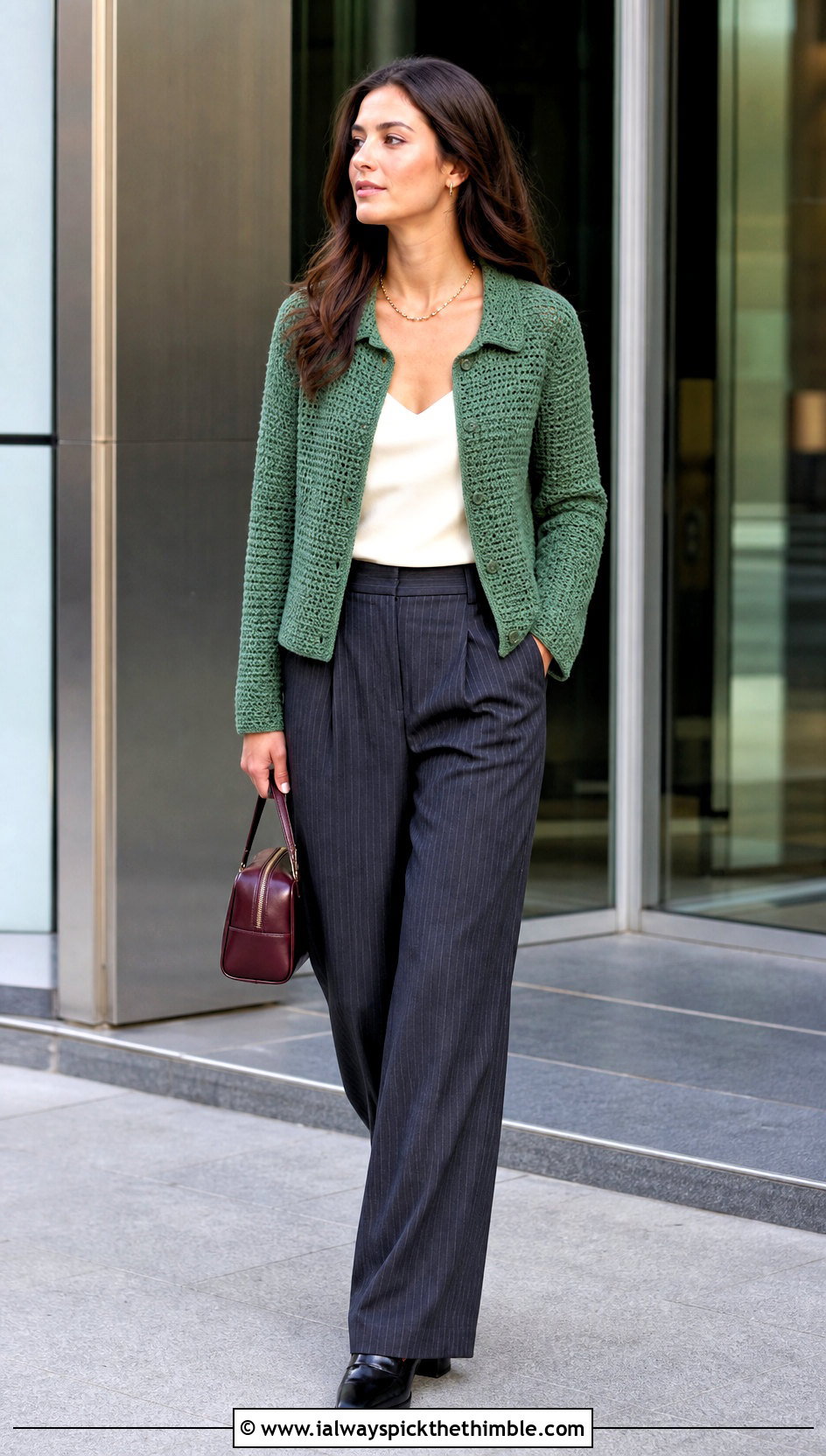 Crochet Johnny Collar Jacket With Pinstripe Pants - 20 Crochet Jacket With Collar outfit ideas