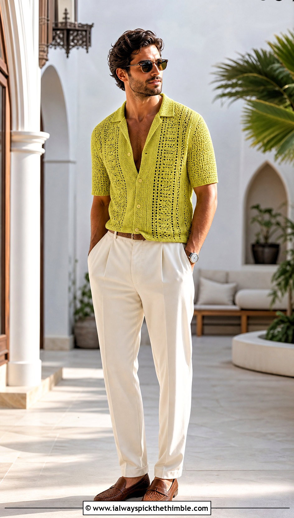 Crochet Johnny Collar Shirt With White Trousers - 25 crochet male shirt outfit ideas