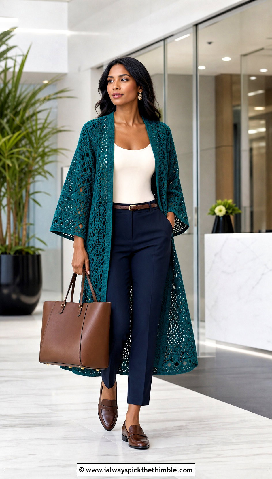 Crochet Kaftan Coverup With Tailored Trousers - 25 crochet coverups outfit ideas
