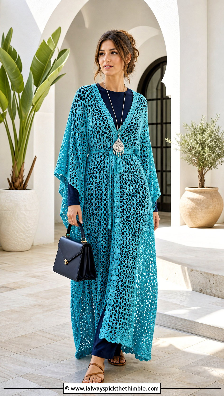 Crochet Kaftan Maxi Dress With Opaque Underdress - 20 modest crochet dress outfit ideas