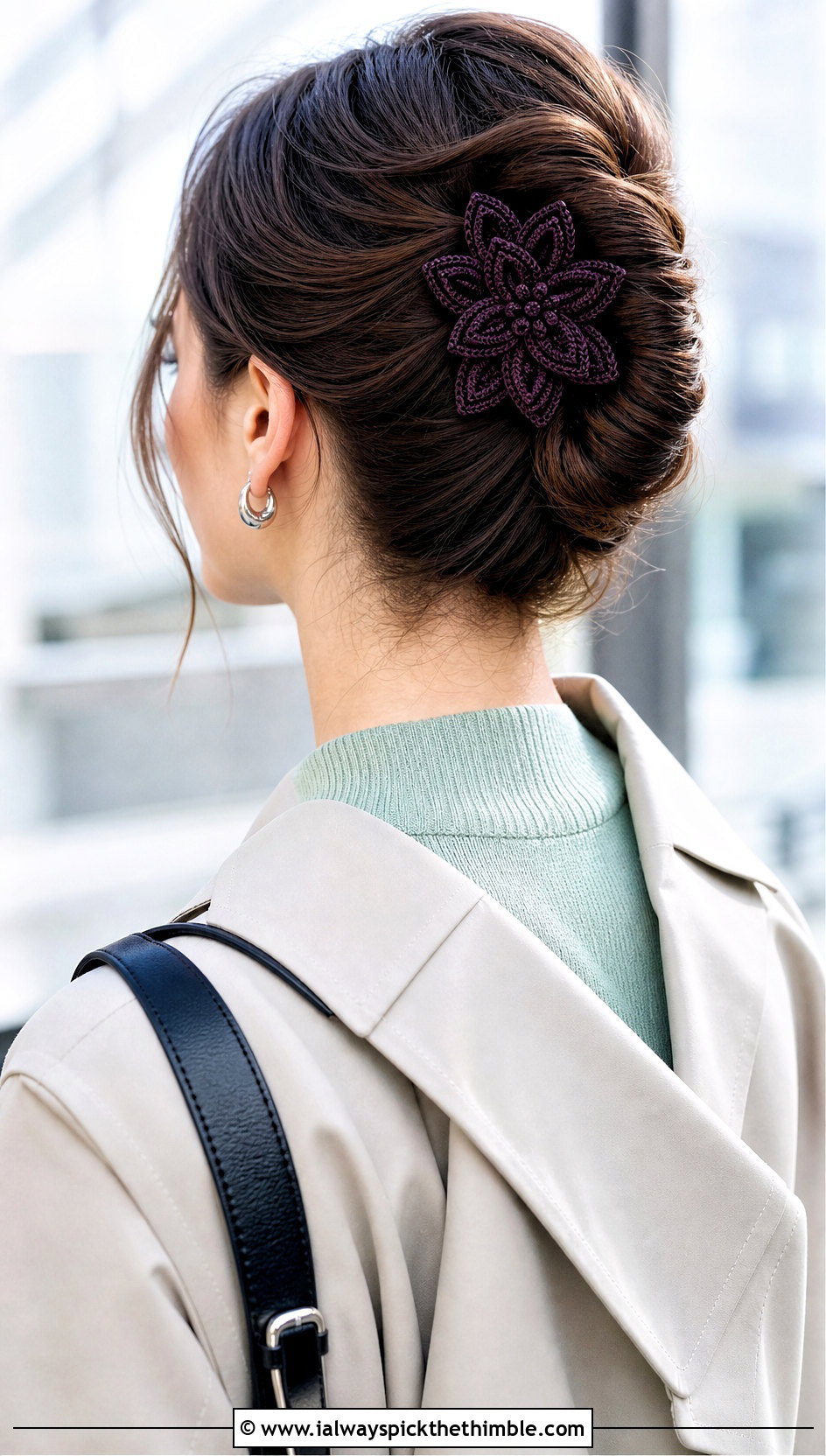 Crochet Kanzashi Flower Clip With Trench Coat - 15 crochet flower headband and clip outfit ideas