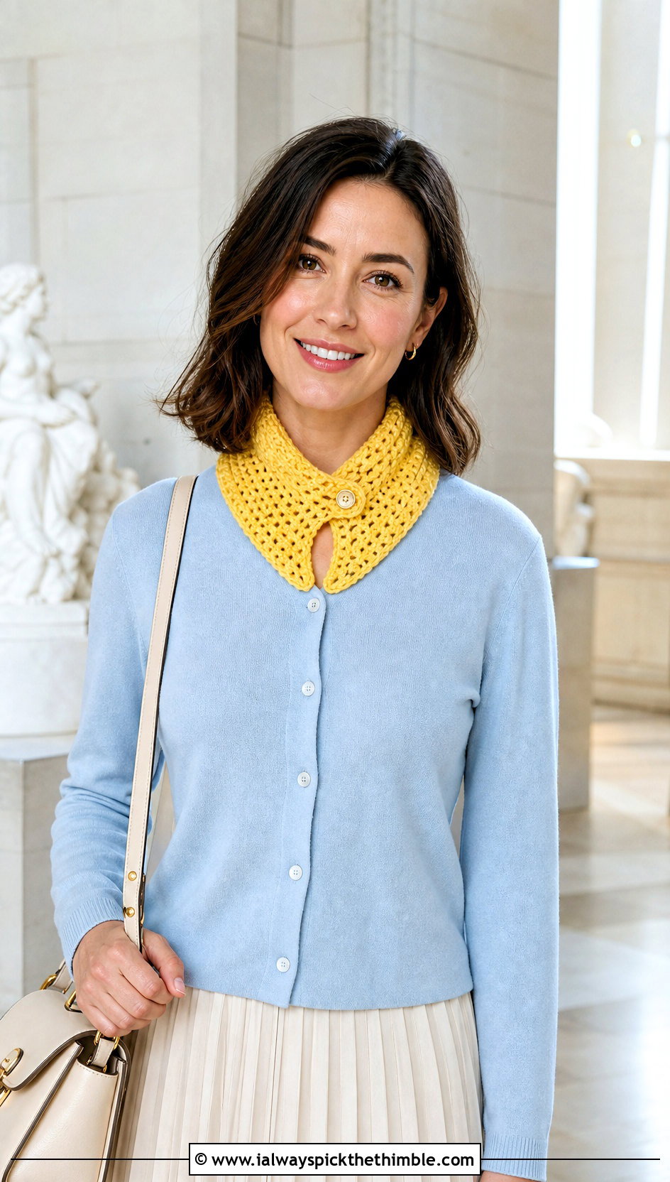 Crochet Keyhole Scarf With Cardigan And Midi Skirt - 20 Crochet Fun Scarf outfit ideas