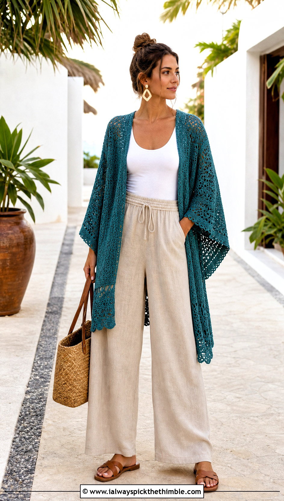 Crochet Kimono Cardigan With Linen Pants - 20 lightweight crochet cardigan outfit ideas