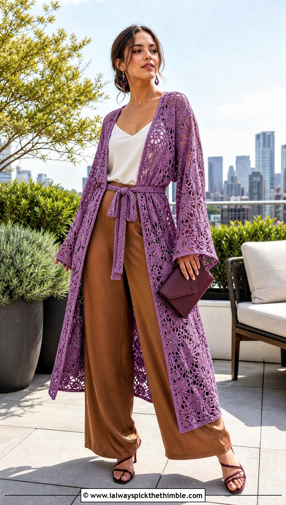 Crochet Kimono Coat With Satin Pants - 20 women crochet coat outfit ideas