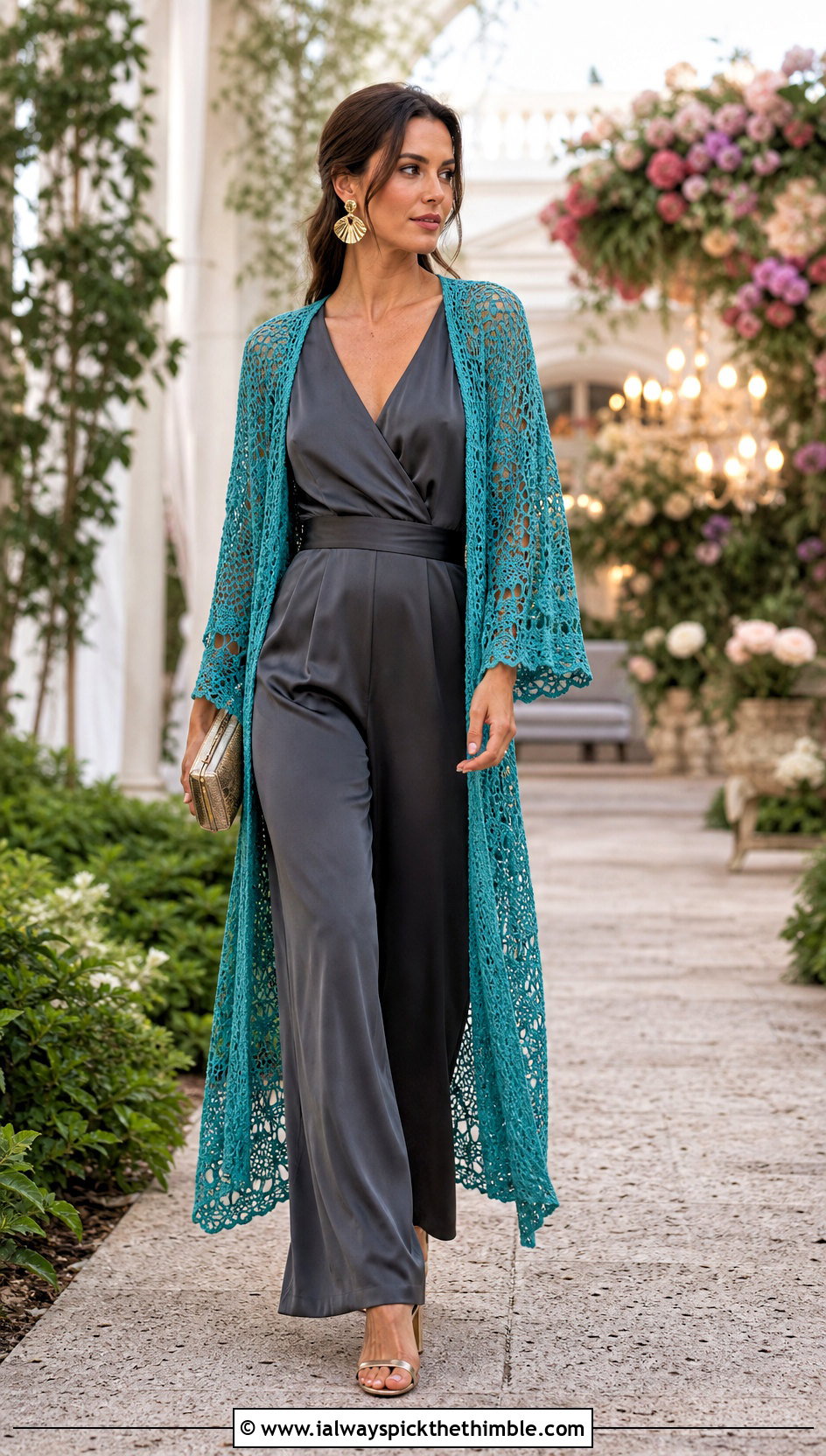 Crochet Kimono With Satin Jumpsuit - 20 crochet wedding guest outfit ideas