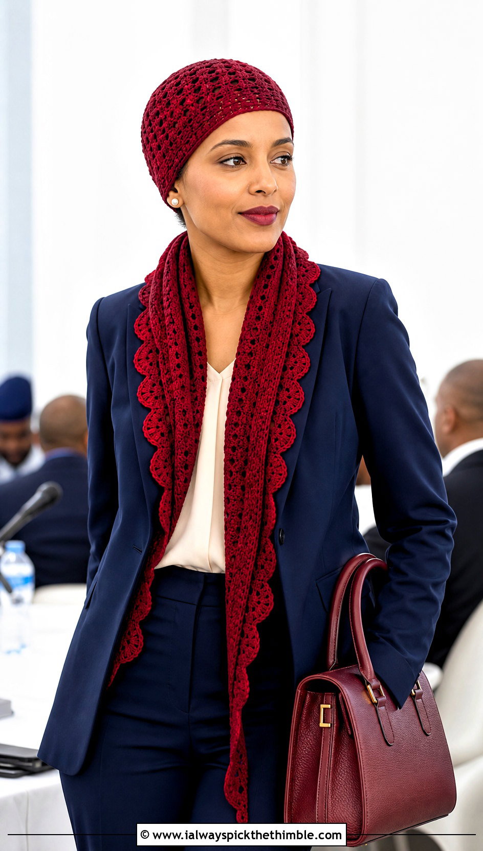 Crochet Kufi Hat And Scalloped Scarf With Trouser Suit - 20 crochet scarf hat combo outfit ideas