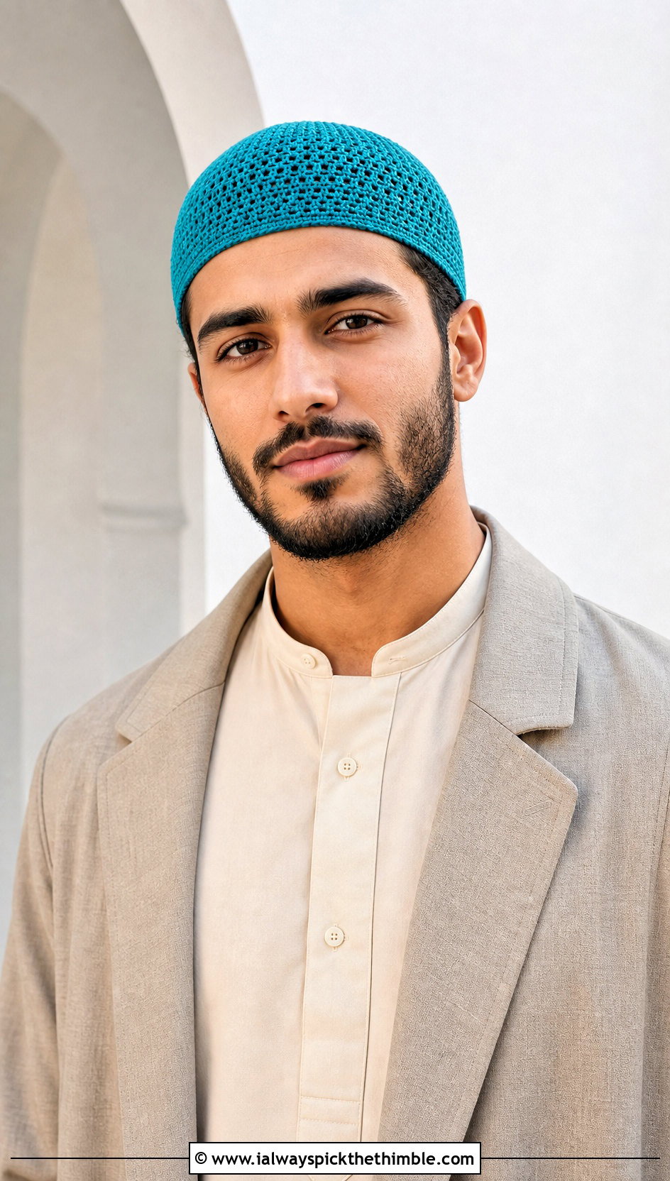 Crochet Kufi Hat With Collarless Shirt And Wide Trousers - 25 crochet hat for men outfit ideas