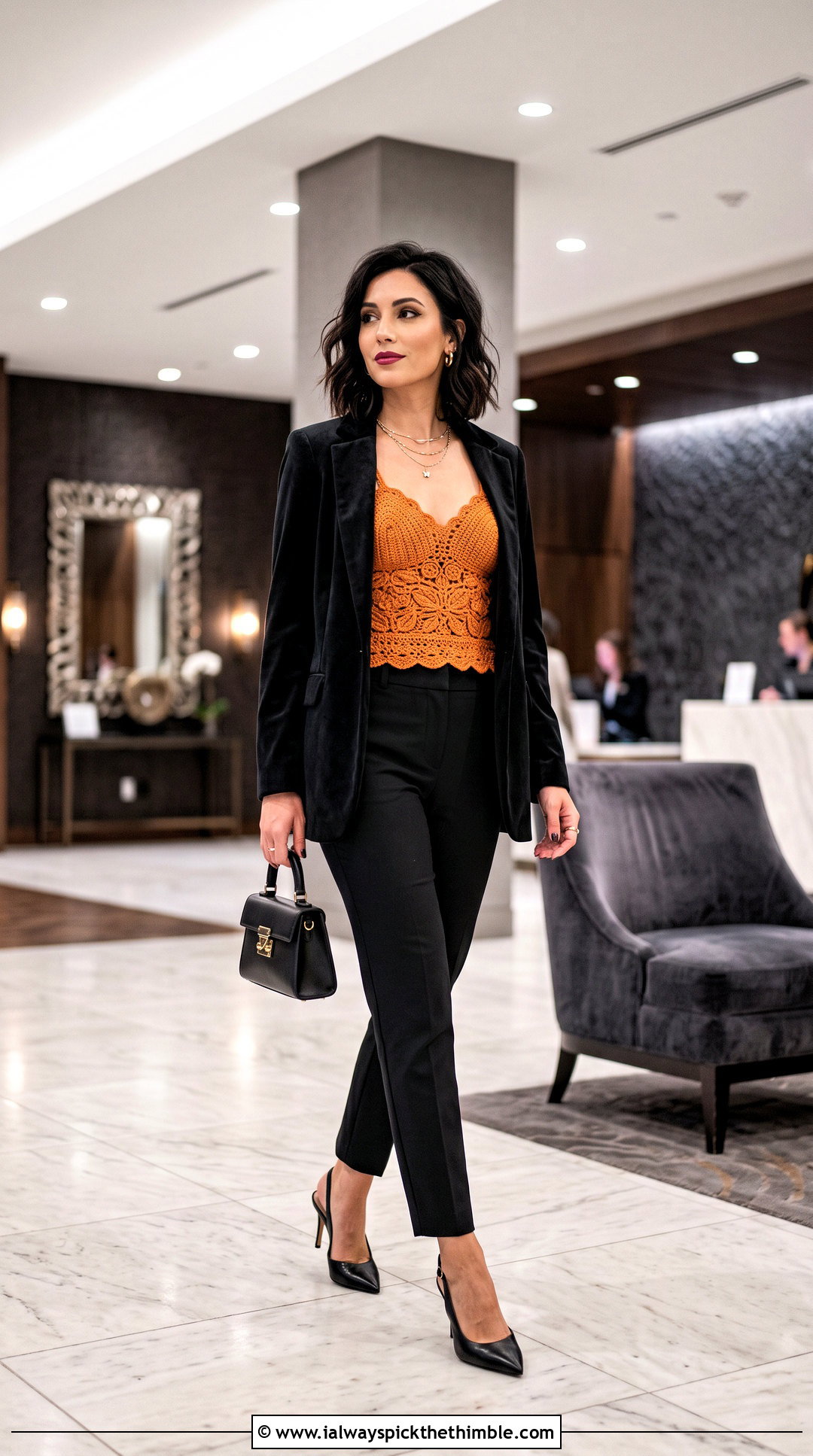 Crochet Lace Camisole Top With Velvet Blazer - 25 goth crochet top outfit ideas