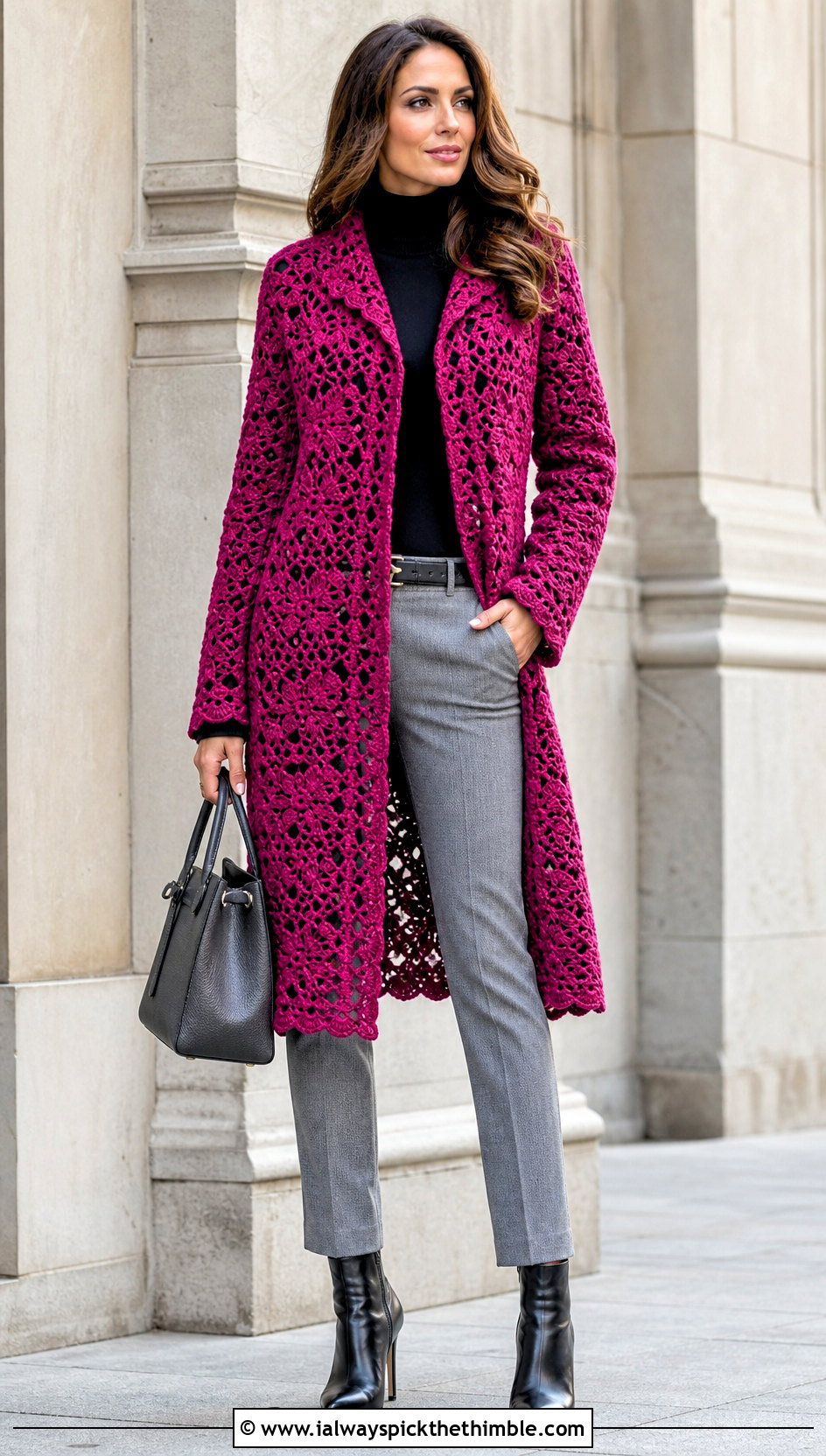 Crochet Lace Coatigan With Turtleneck And Trousers - 20 Crochet Long Lacy Cardigan outfit ideas