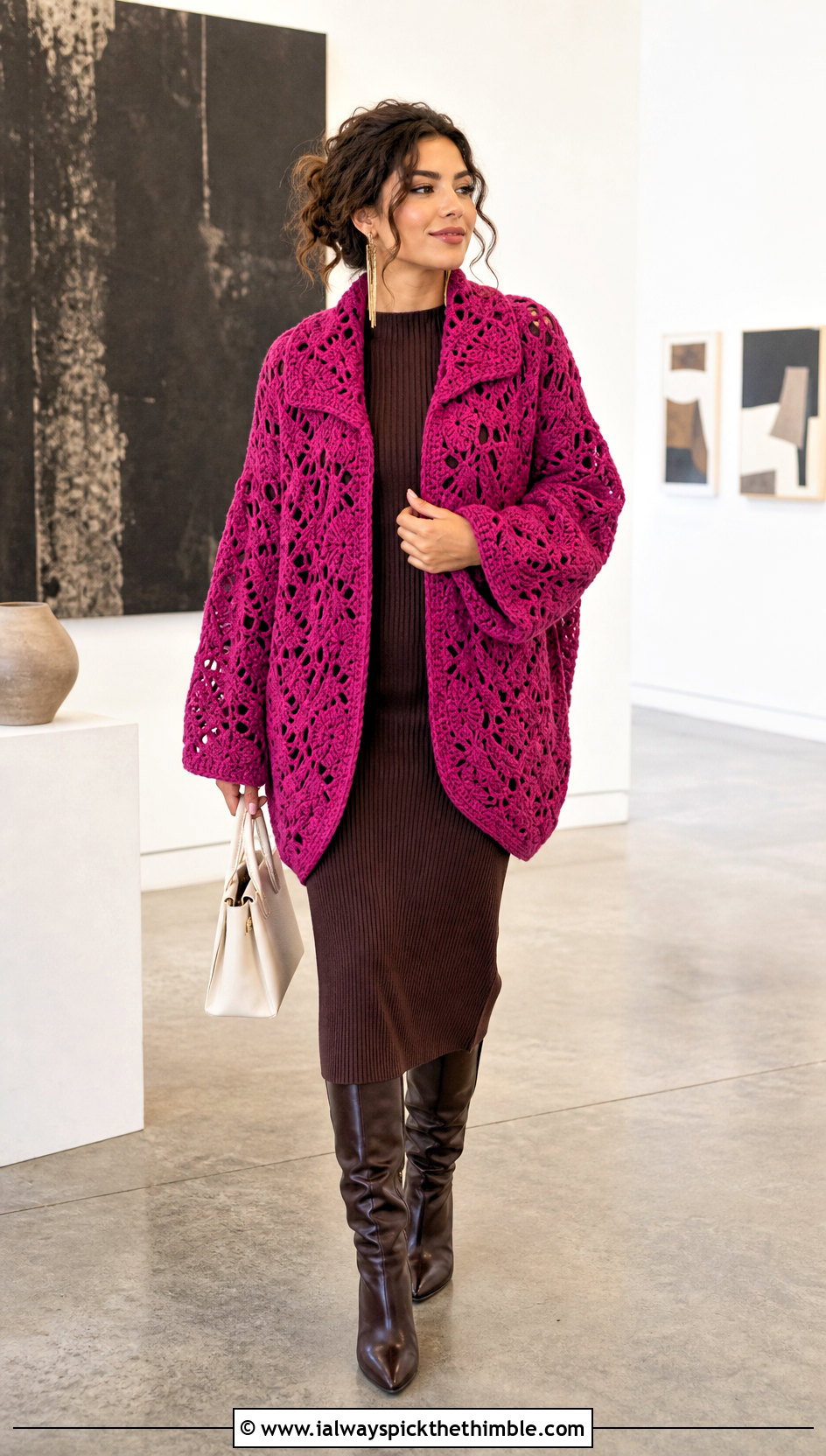 Crochet Lace Collar Cocoon Jacket With Knit Dress - 20 Crochet Jacket With Collar outfit ideas