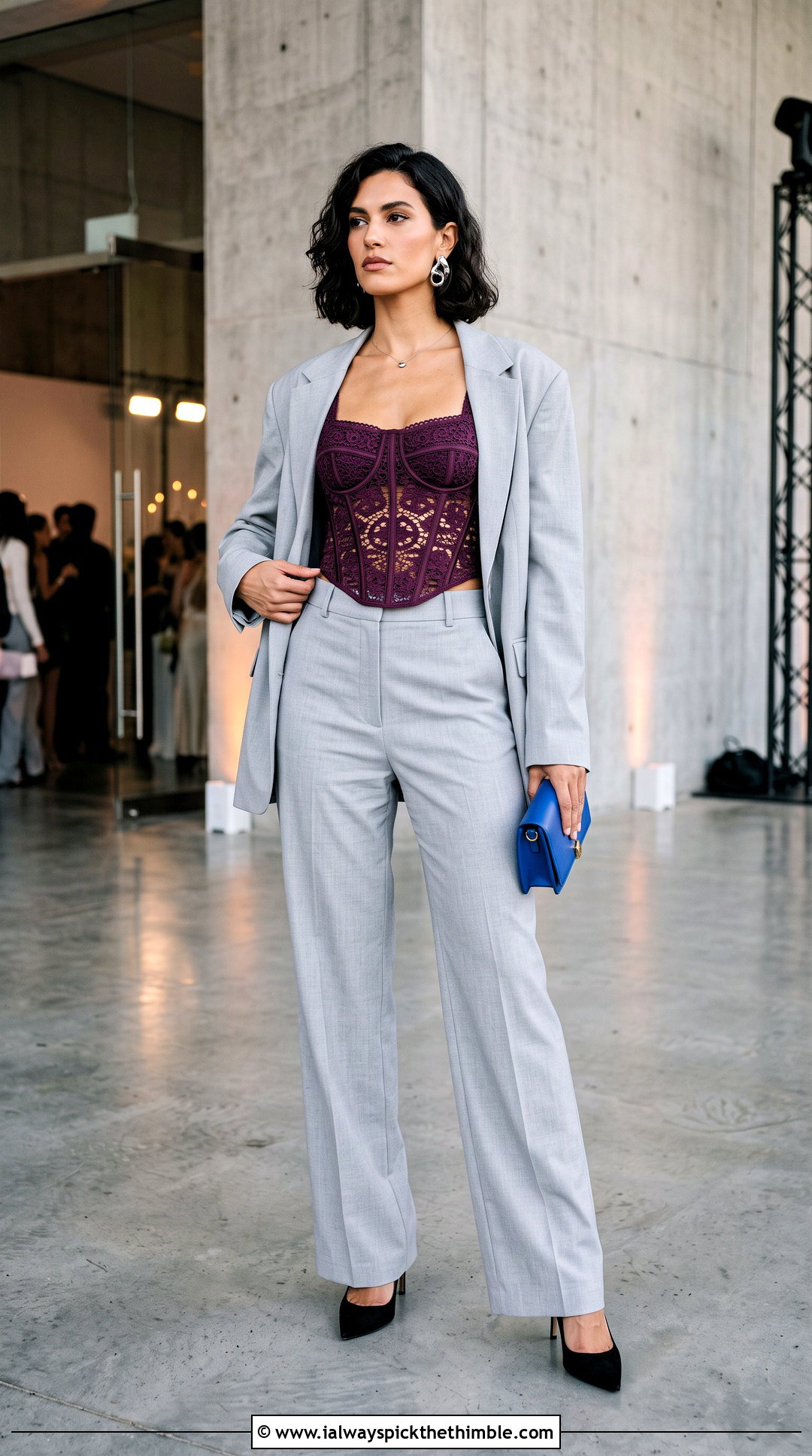 Crochet Lace Corset Top With Oversized Suit - 25 crochet lace top outfit ideas