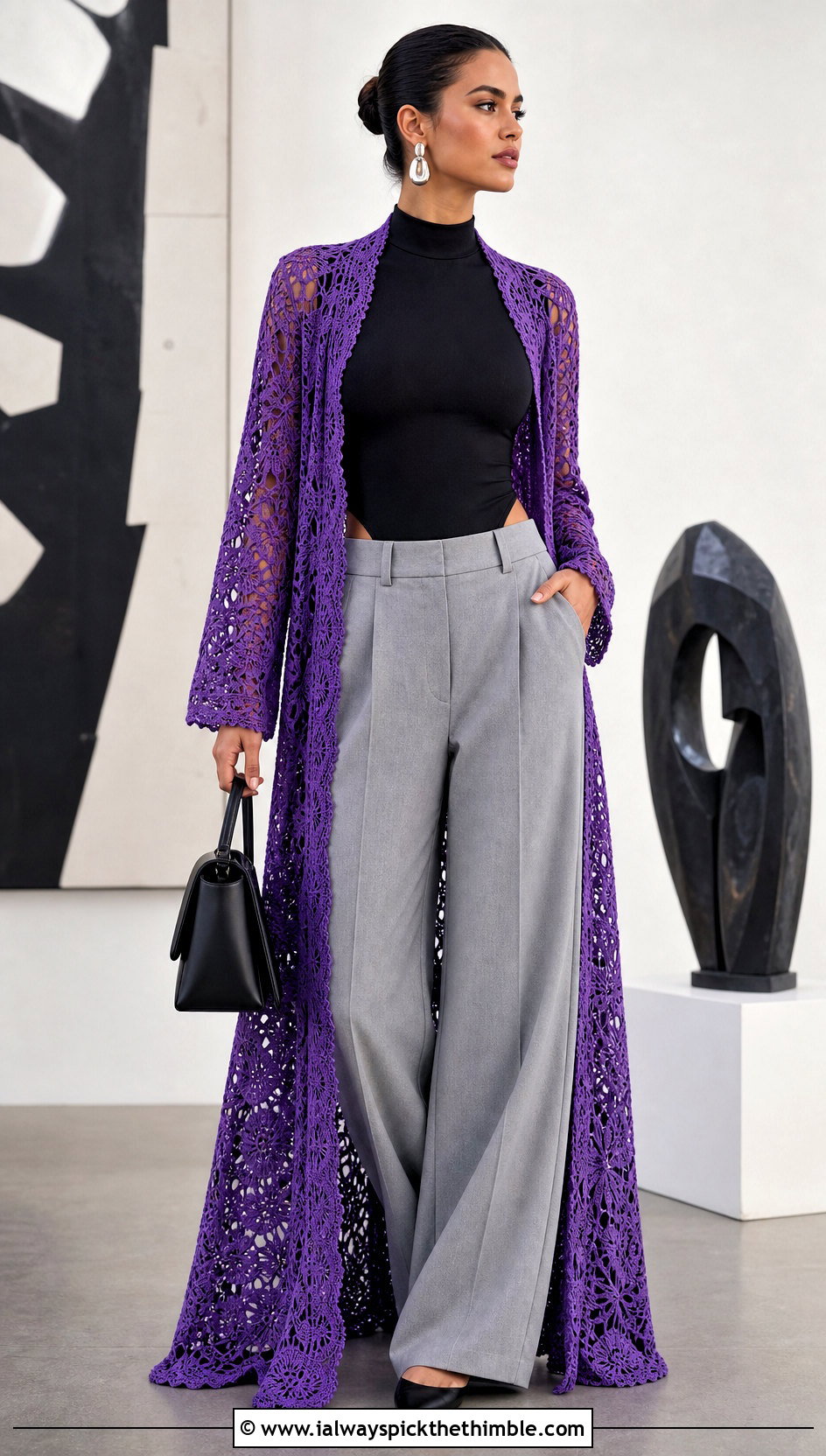 Crochet Lace Duster Cover Up With Tailored Trousers - 20 crochet lace cover up outfit ideas