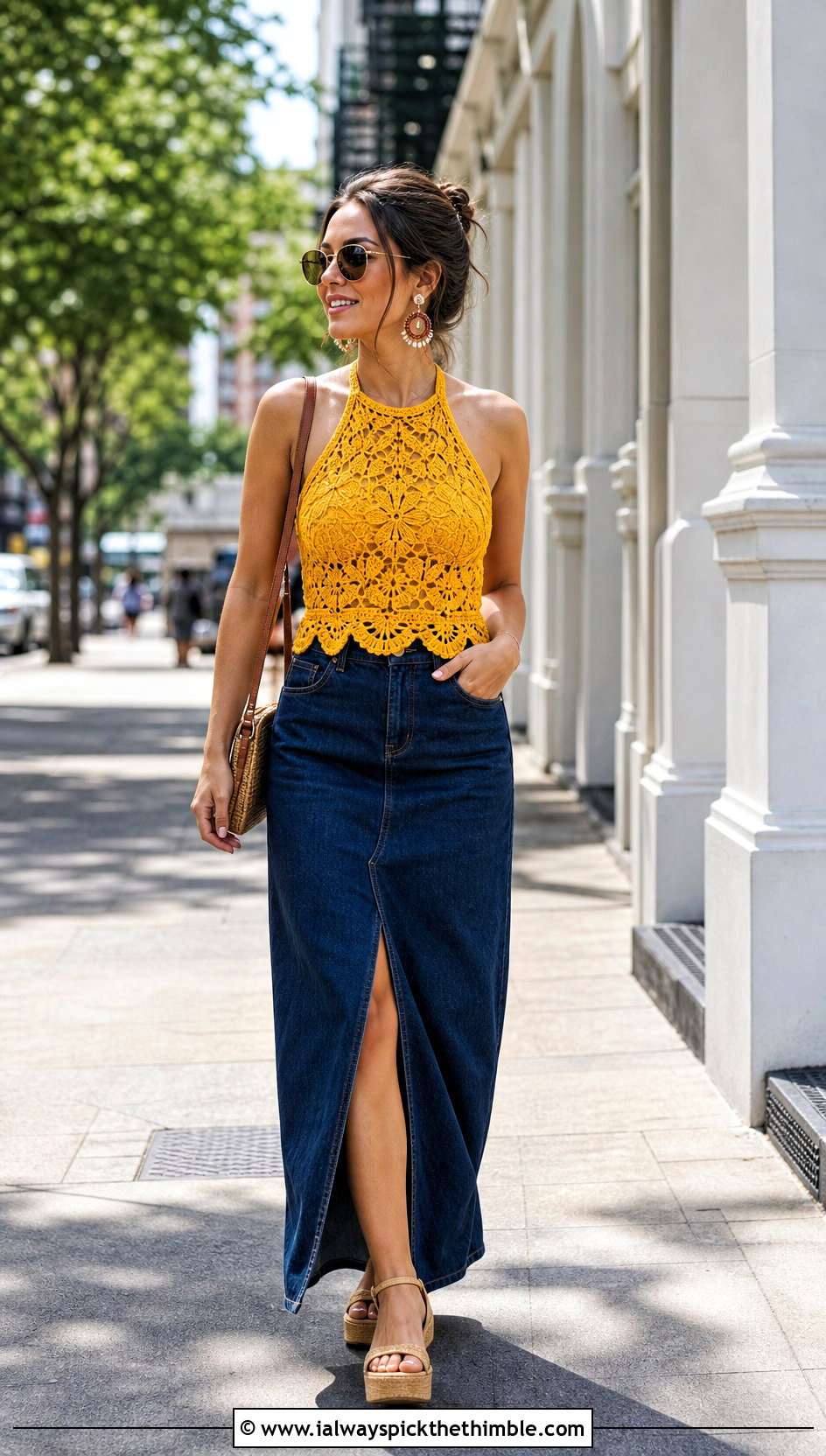 Crochet Lace Halter Top With Denim Maxi Skirt - 20 crochet lace clothes and outfit ideas