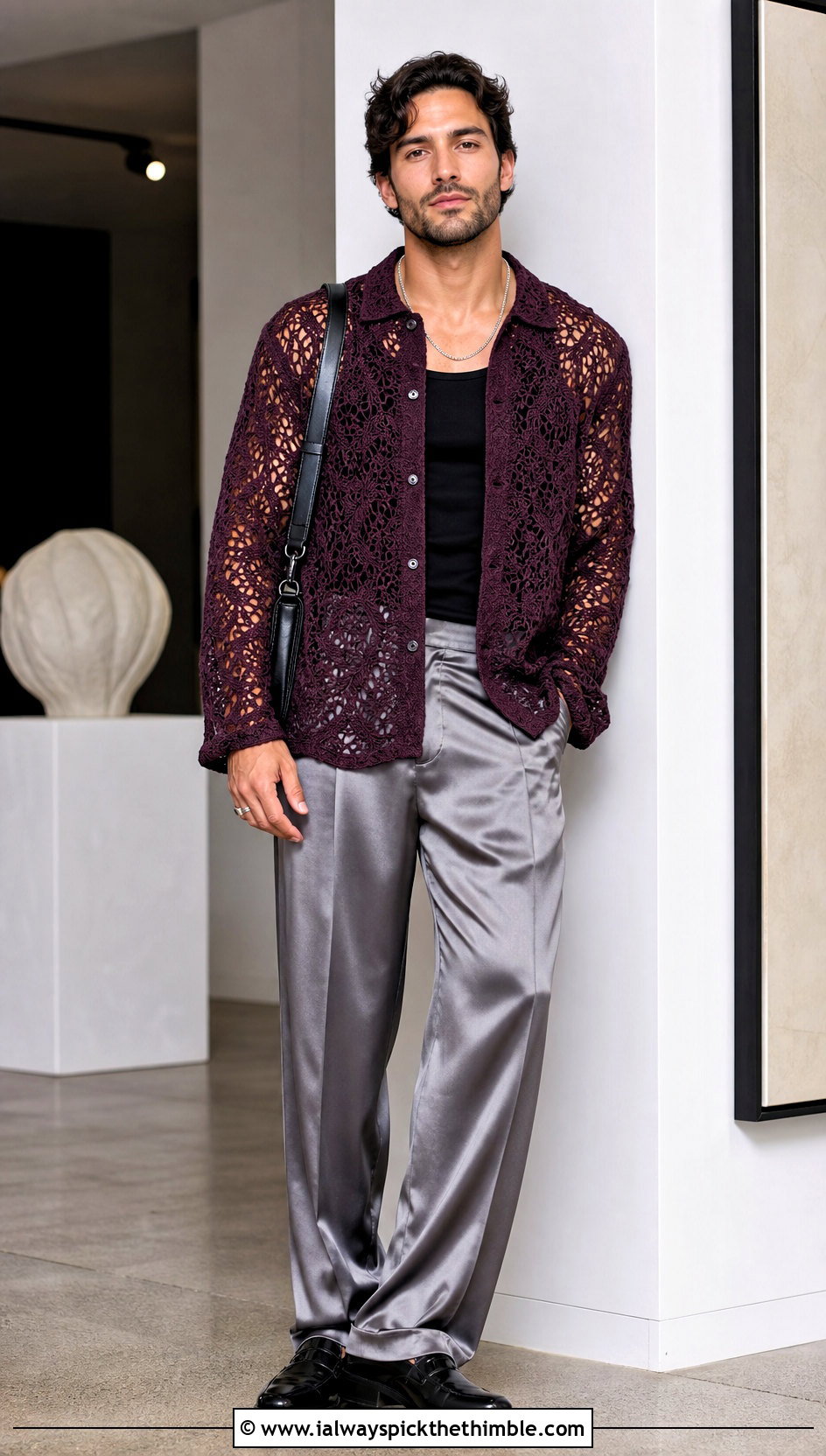 Crochet Lace Shirt With Satin Trousers - 25 crochet men shirt outfit ideas