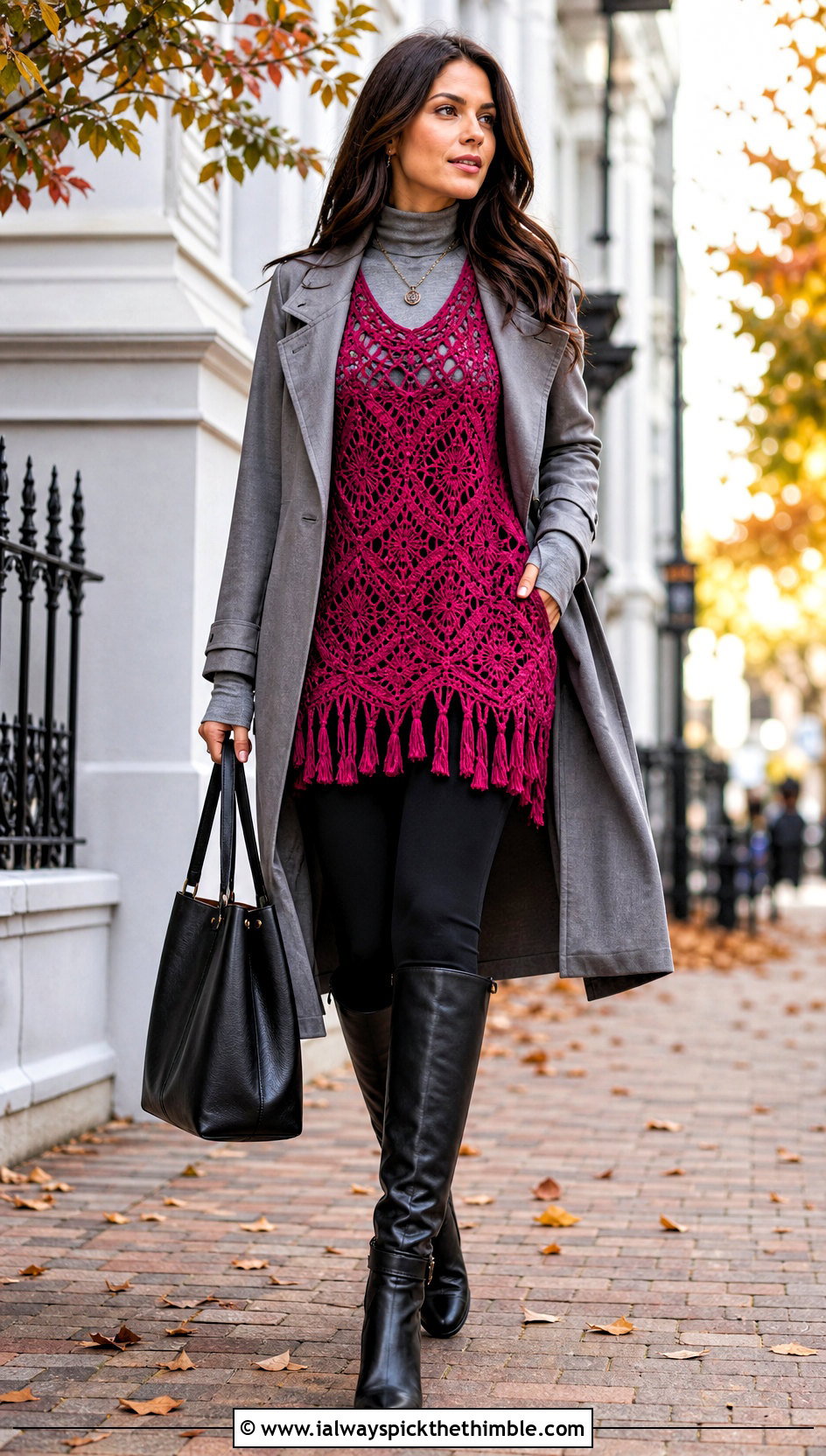 Crochet Lace Tunic Top With Leggings And Trench Coat - 15 Crochet Lace Top With Tassels outfit ideas