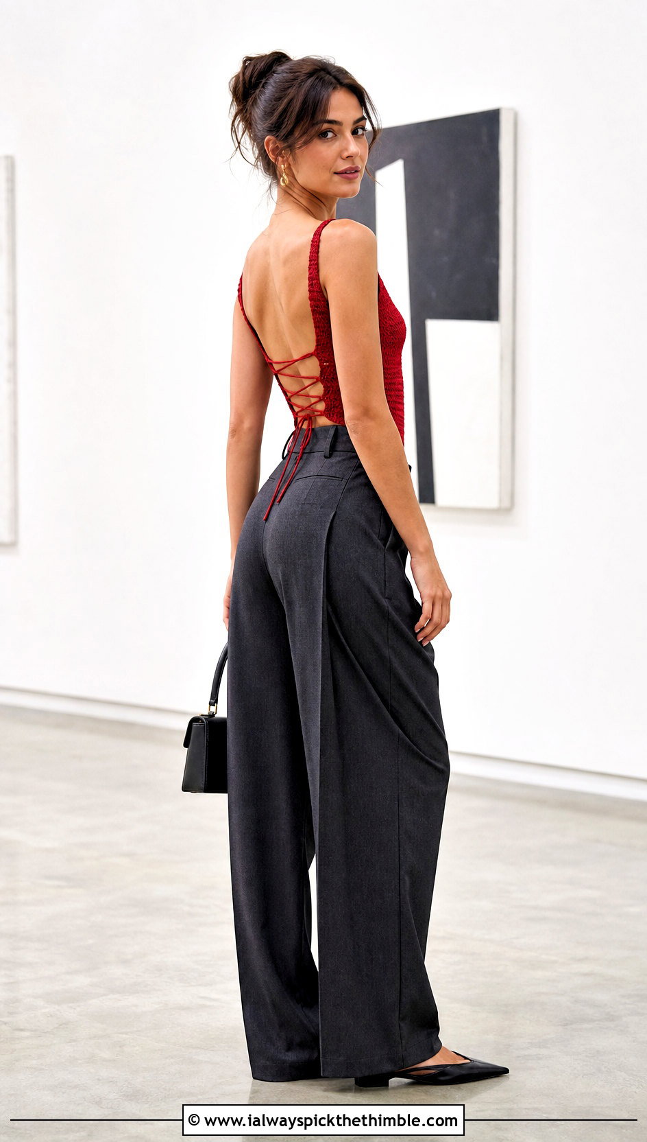 Crochet Lace Up Low Back Top With Tailored Trousers - 20 Crochet Low Back Top outfit ideas