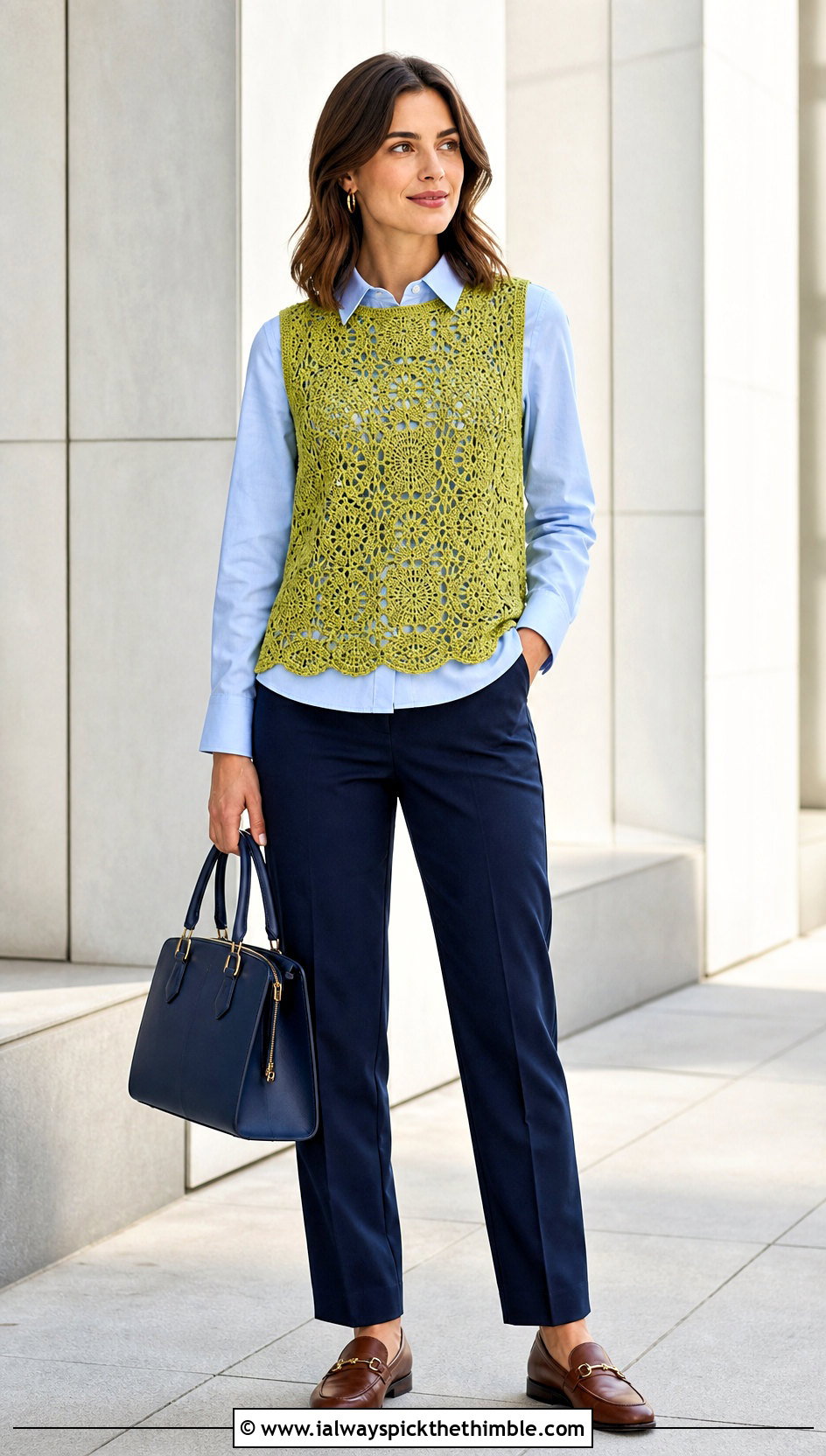 Crochet Lace Vest Top With Poplin Shirt And Trousers - 25 lacy crochet top outfit ideas