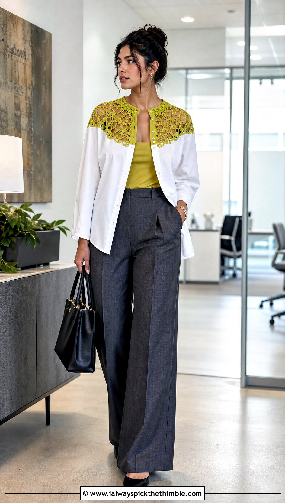 Crochet Lace Yoke Upcycled Button Down With Tailored Trousers - 20 Upcycle Shirt With Crochet outfit ideas