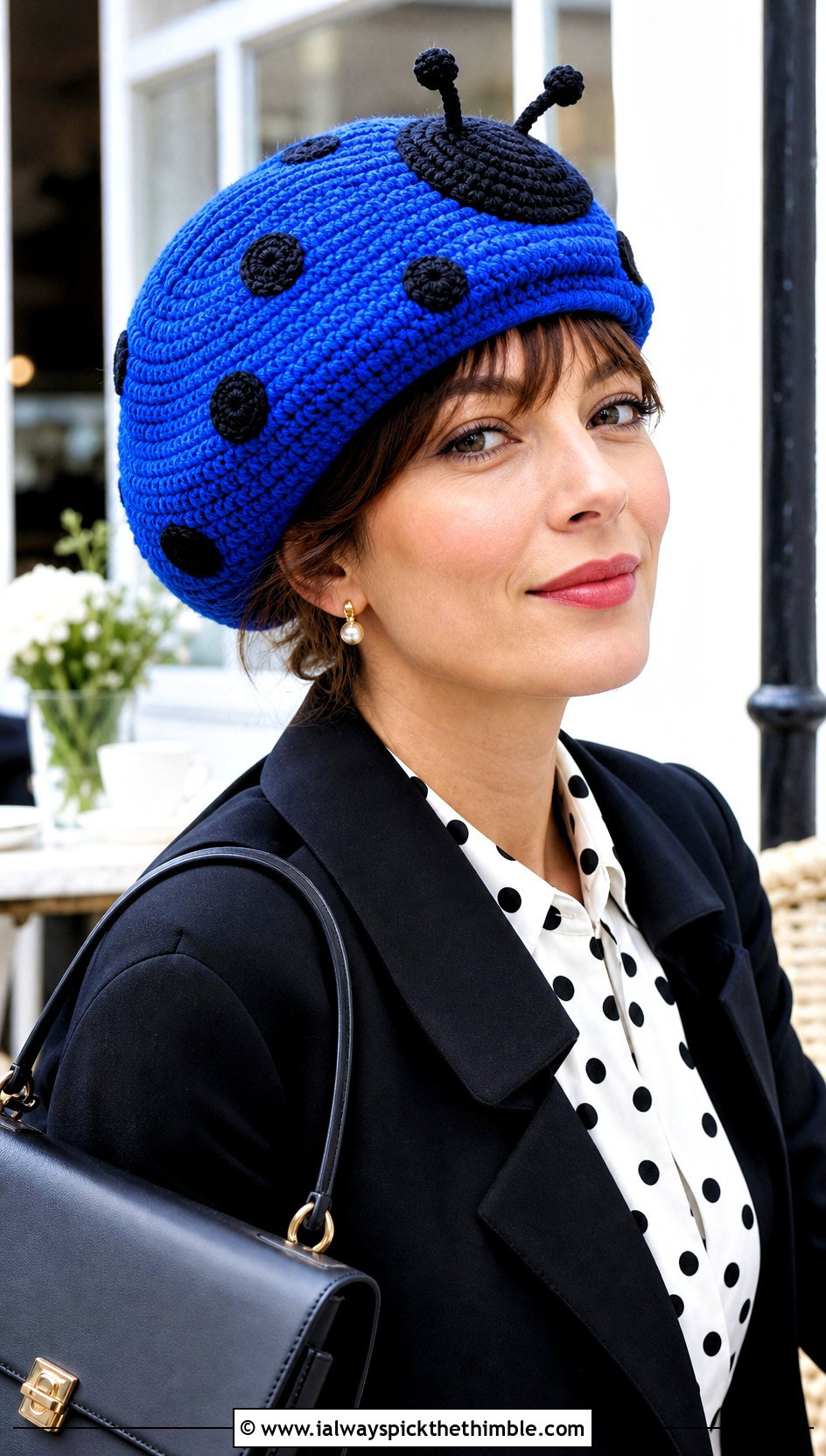 Crochet Ladybug Amigurumi Beret With Polka Dot Blouse - 20 crochet amigurumi hat outfit ideas