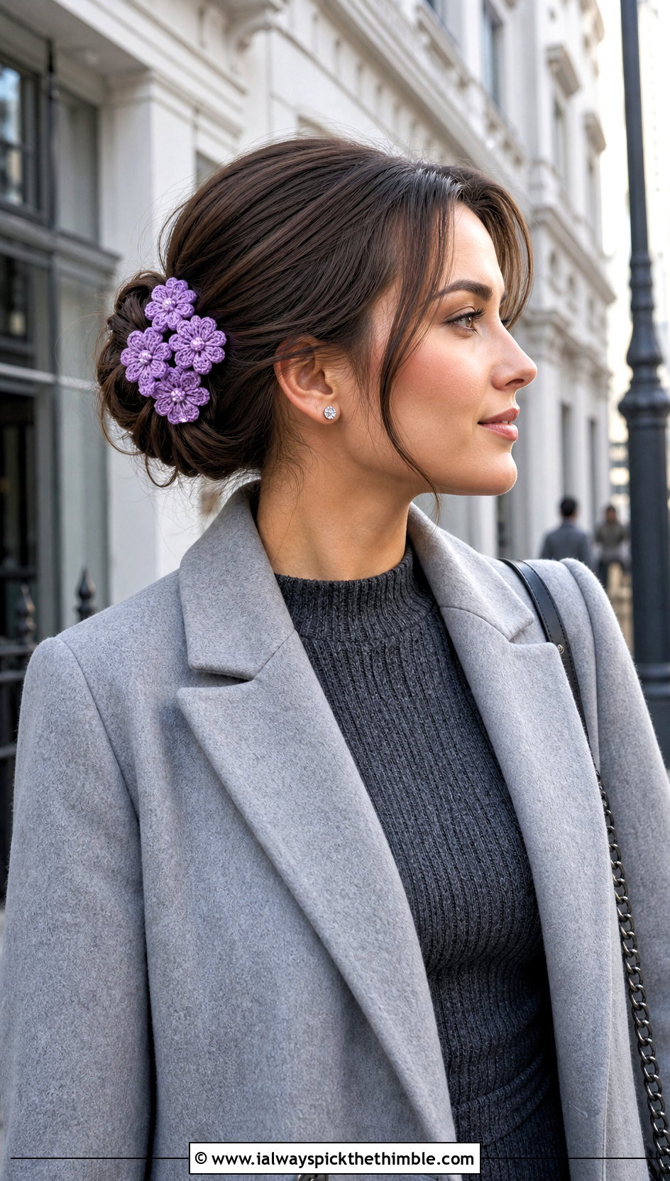Crochet Lavender Flower Comb Clip With Knit Dress - 15 crochet flower headband and clip outfit ideas