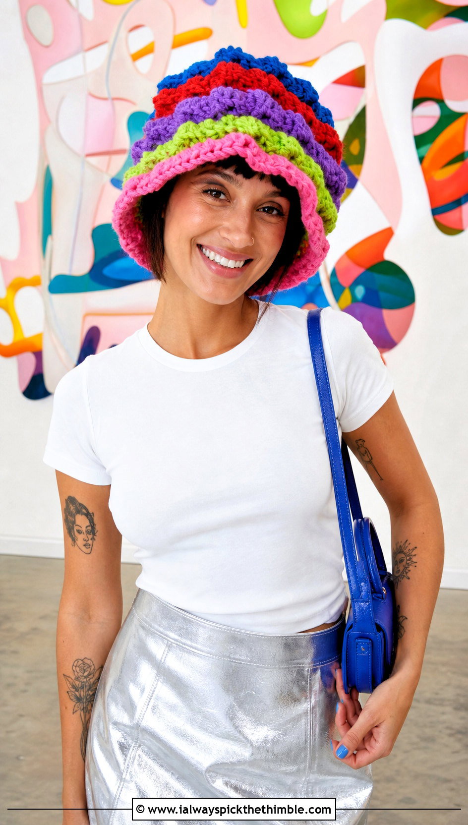 Crochet Layered Rainbow Wig Hat With T Shirt And Metallic Skirt - 20 Crochet Wig Hat outfit ideas