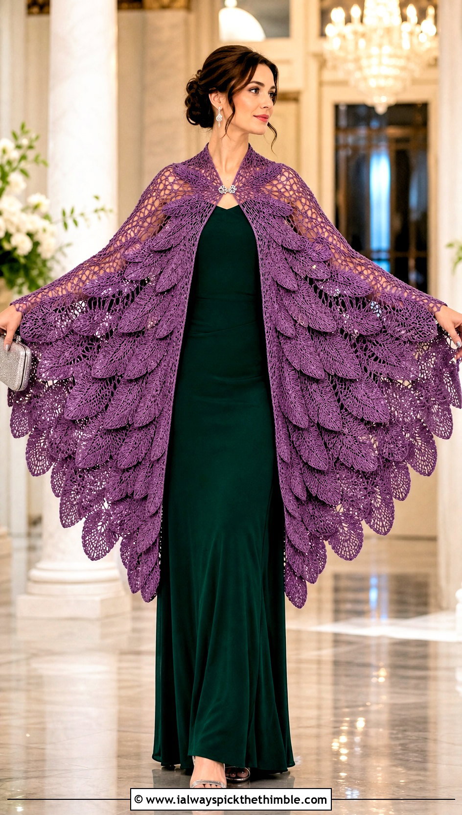 Crochet Layered Wing Shawl With Evening Gown - 20 Crochet Wing Shawl outfit ideas