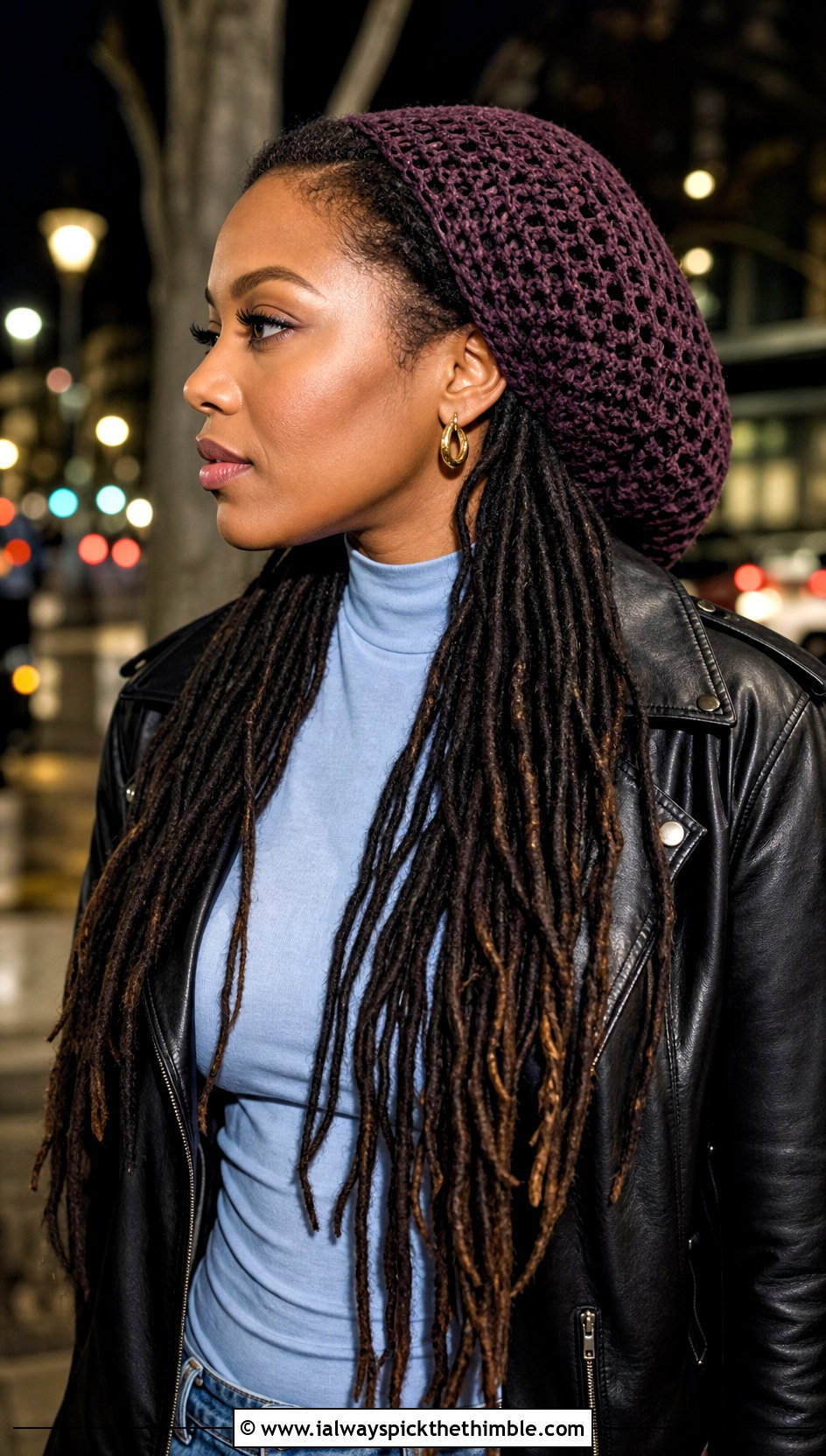 Crochet Loc Sock Cap With Leather Jacket - 20 Crochet Dread Cap outfit ideas