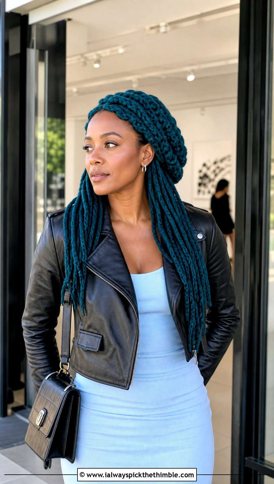 Crochet Loc Wig Hat With Leather Jacket And Column Dress - 20 Crochet Wig Hat outfit ideas