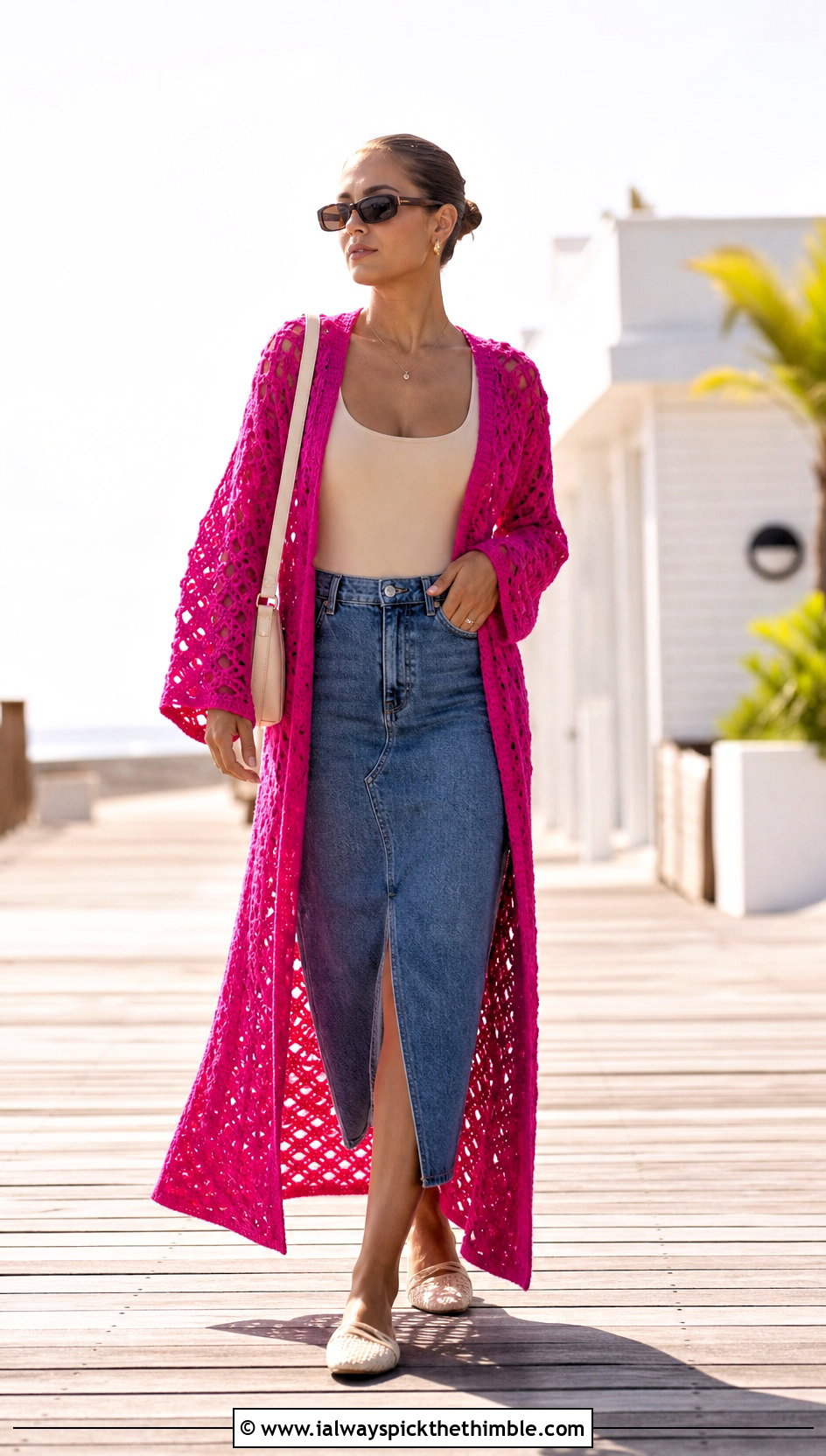 Crochet Long Duster Cover Up With Denim Skirt - 20 easy crochet beach cover up outfit ideas