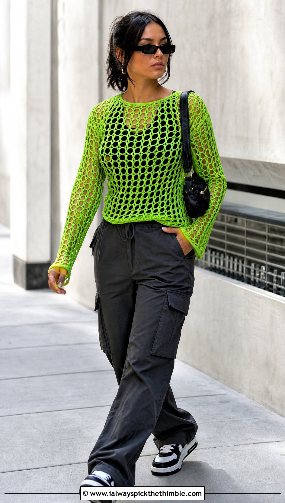 Crochet Long Sleeve Mesh Top With Cargo Pants - 20 crochet top not cropped outfit ideas