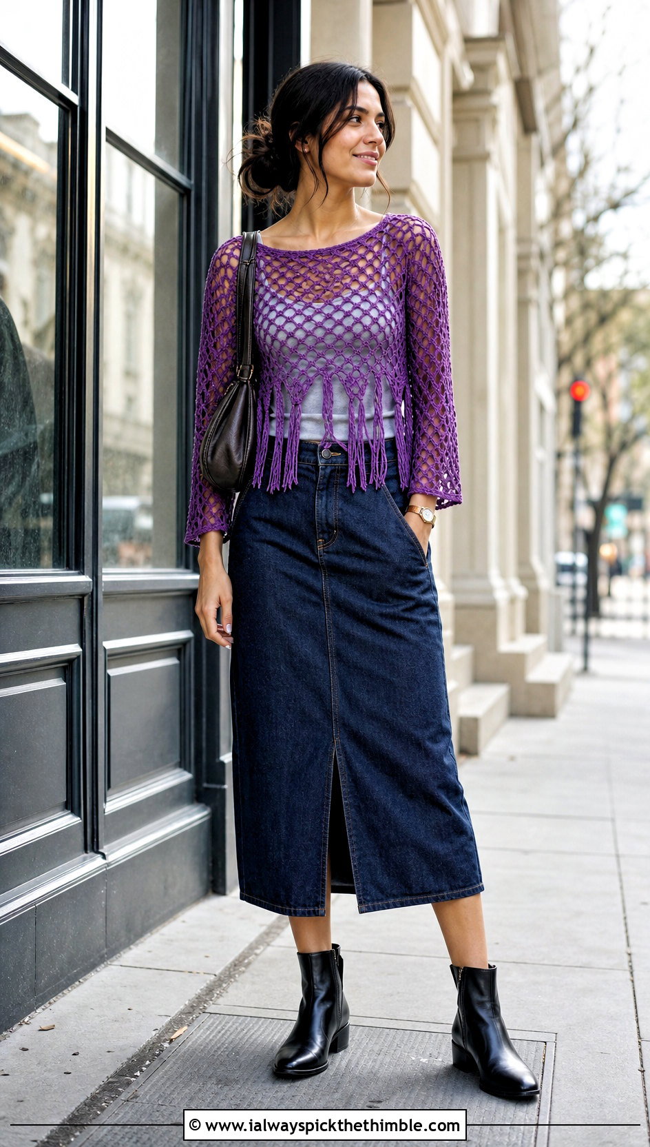 Crochet Long Sleeve Mesh Top With Denim Skirt - 20 crochet top with tassels outfit ideas