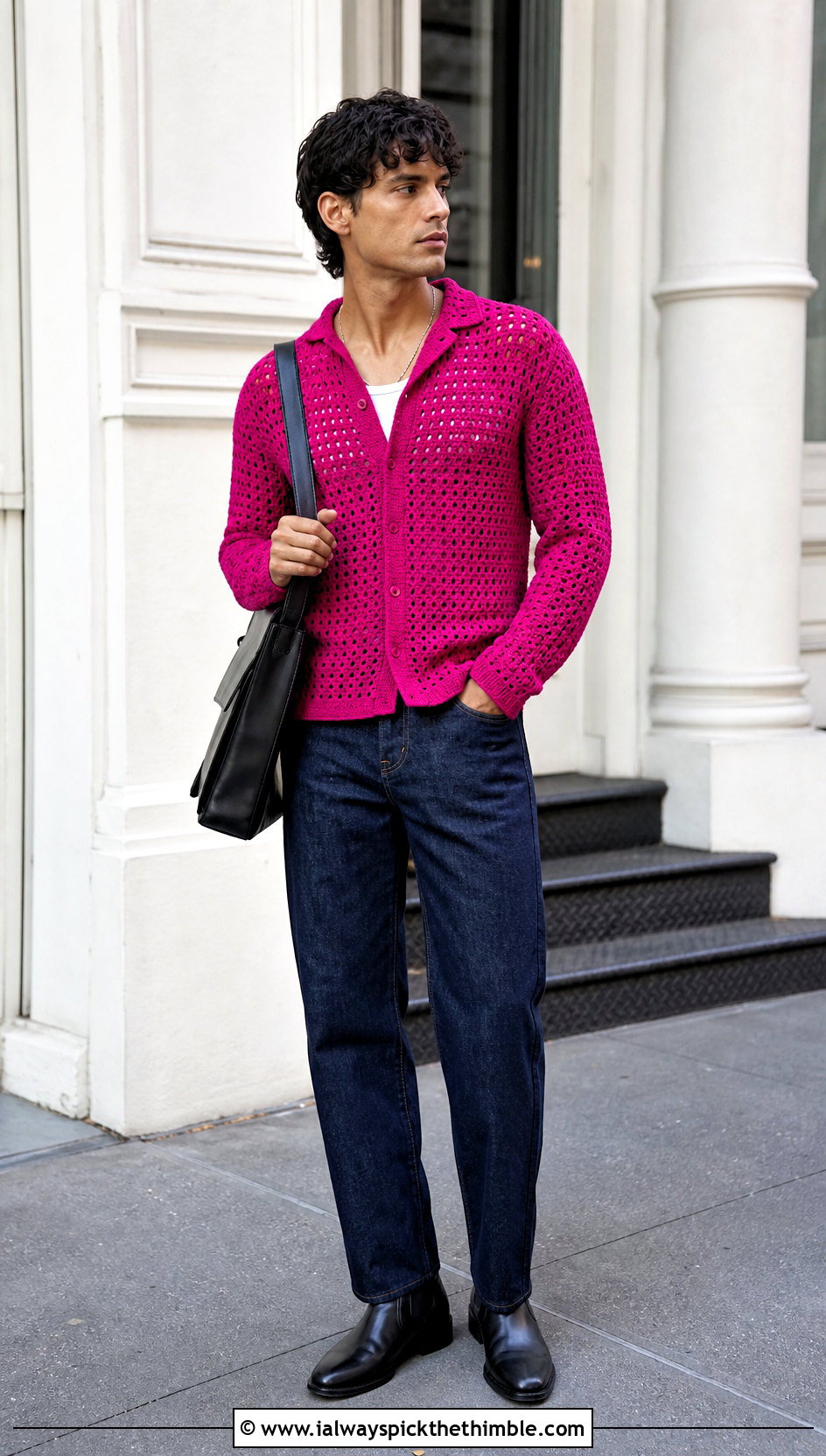 Crochet Long Sleeve Shirt With Dark Denim - 25 crochet clothes for men outfit ideas